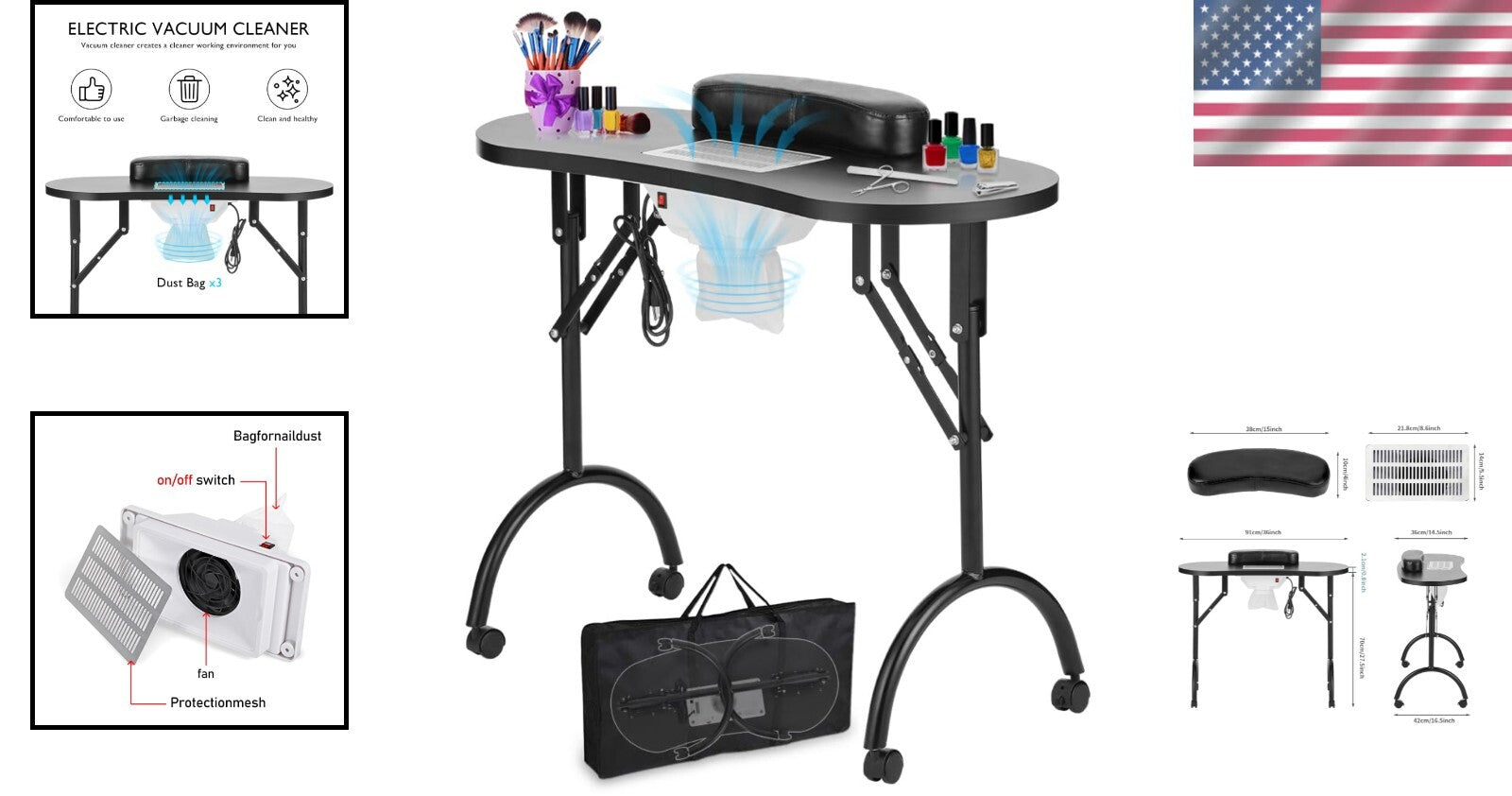 Professional Nail Desk with Lockable Wheels & Vented Surface - 36''x 16'' Black