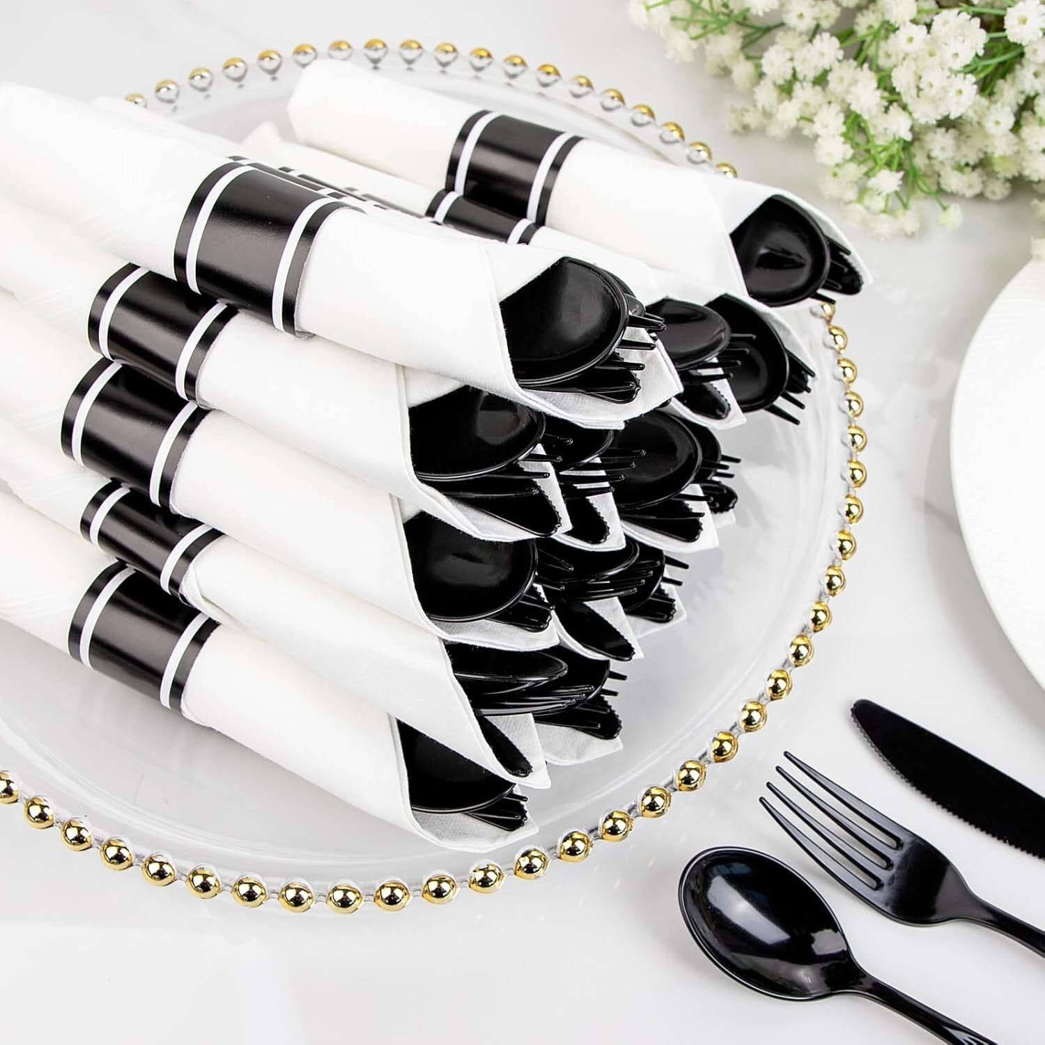 60-Pack Heavy Duty Pre-Wrapped Black Plastic Cutlery with Napkins - Elegant &...