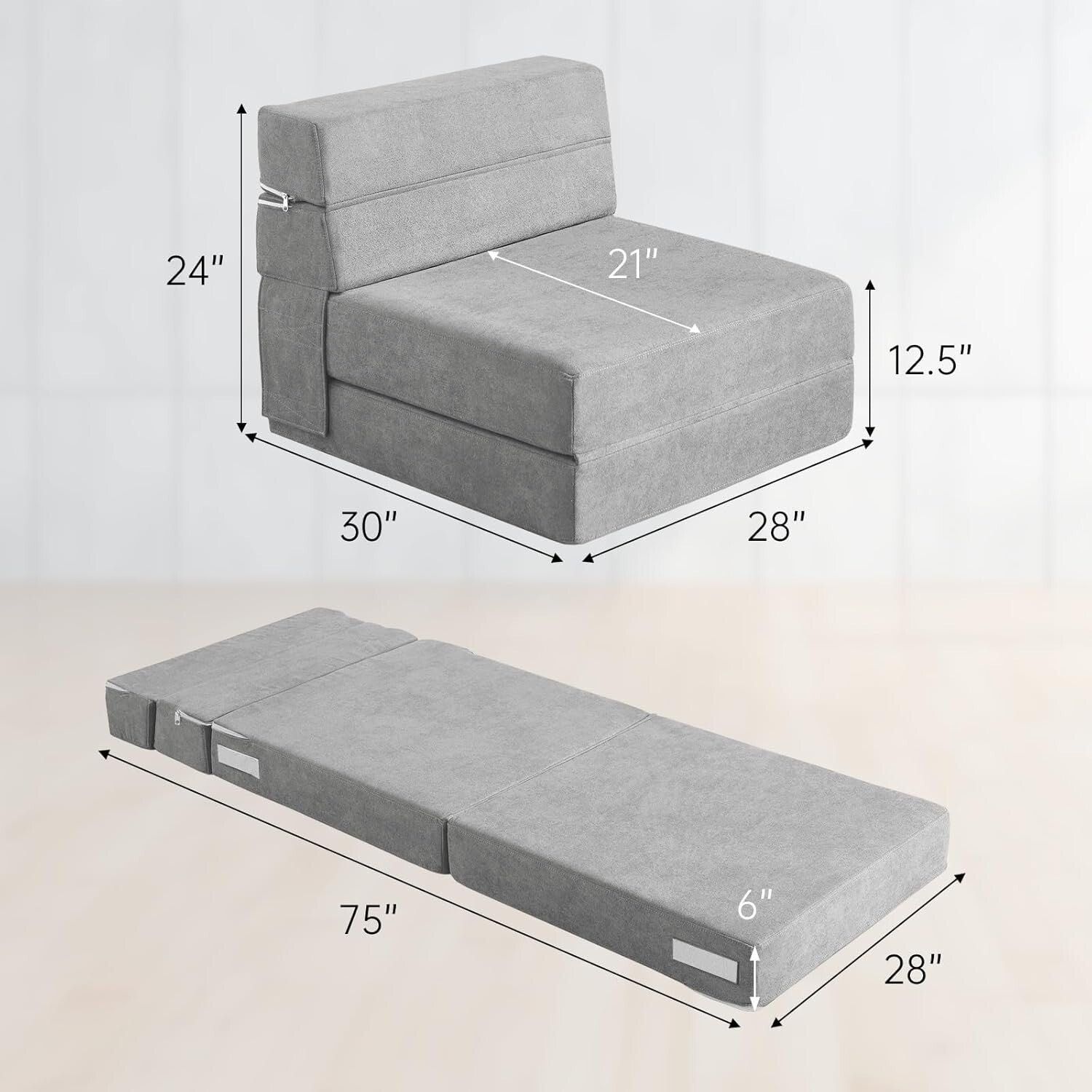 Transformable Light Gray Sofa Bed Couch - Comfortable Folding Chair with Pillow