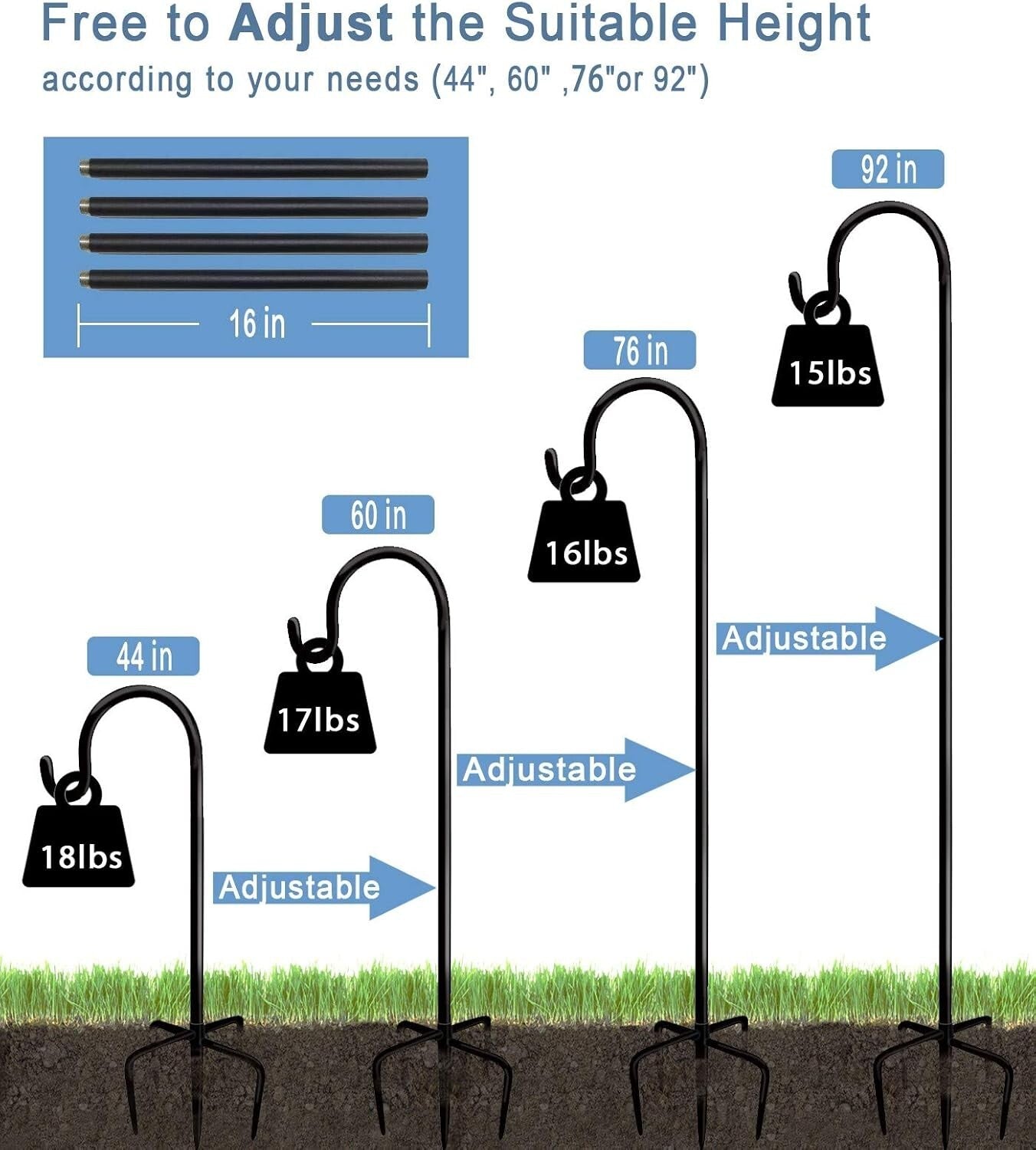 Rust-Resistant Adjustable Shepherd Hooks, 92" High with 5 Base Prongs - Black