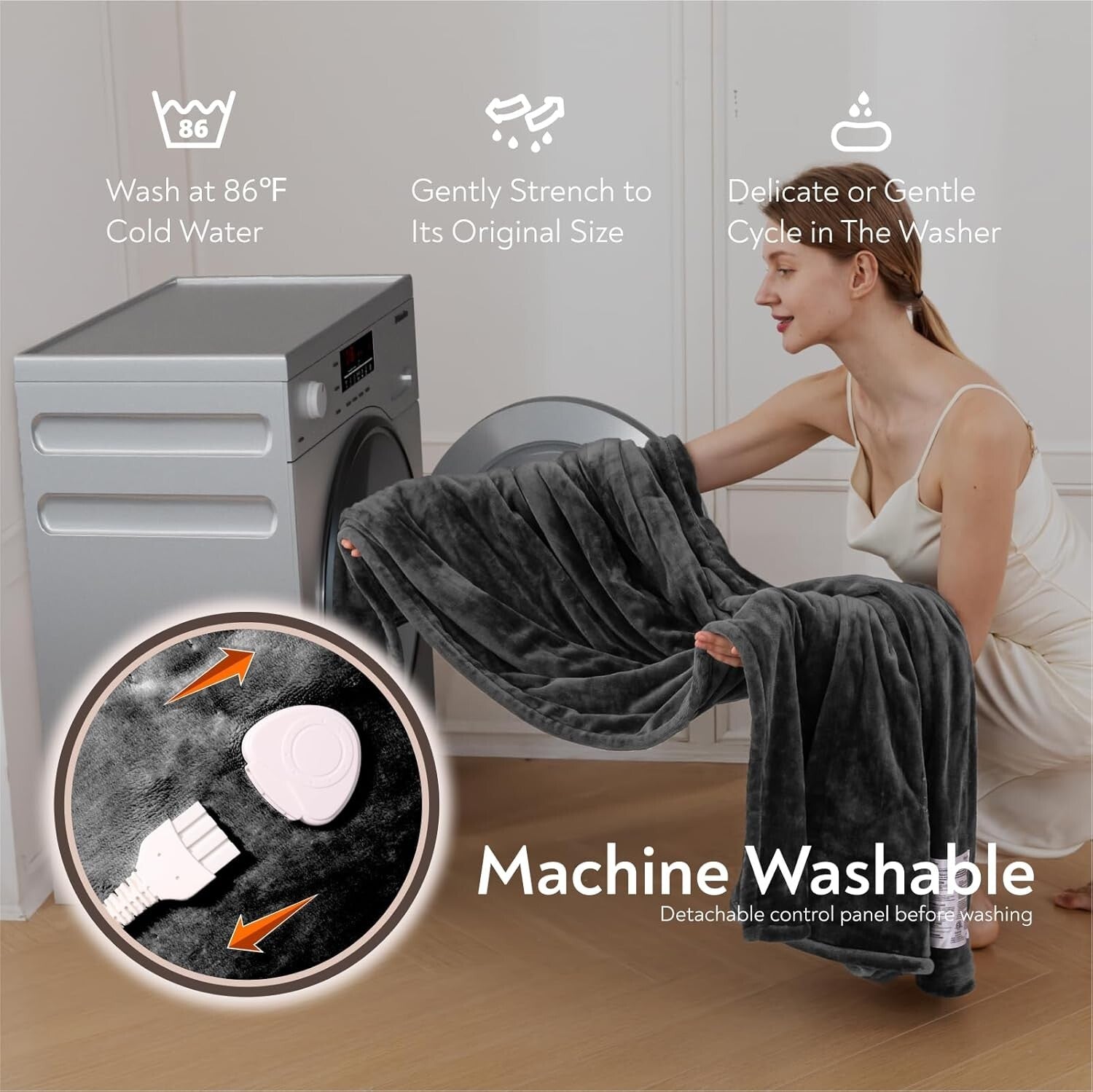 Dark Grey 10-Setting Electric Throw Blanket with Foot Pocket, Machine Washable