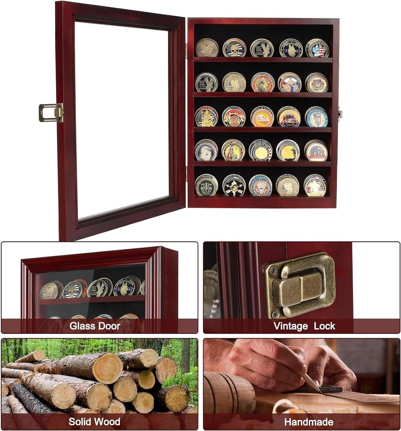 Handcrafted Mahogany Challenge Coin Case with HD Glass - Perfect Gift for Heroes