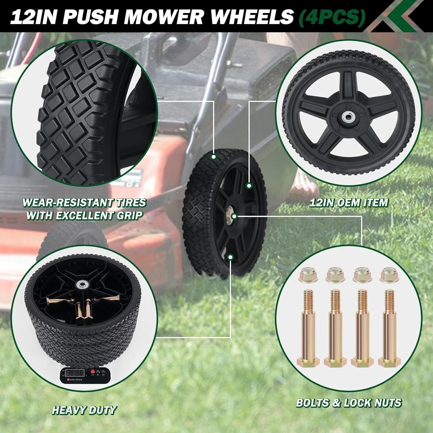 4 Pack 12-Inch Replacement Lawn Mower Wheels with Bolts & Lock Nuts - Easy Fit