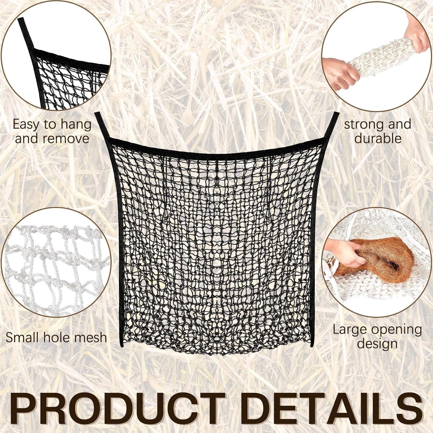 2-Pcs Slow Feed Hay Net Feeder Bags for Healthy Horse & Goat Feeding - 63x40in