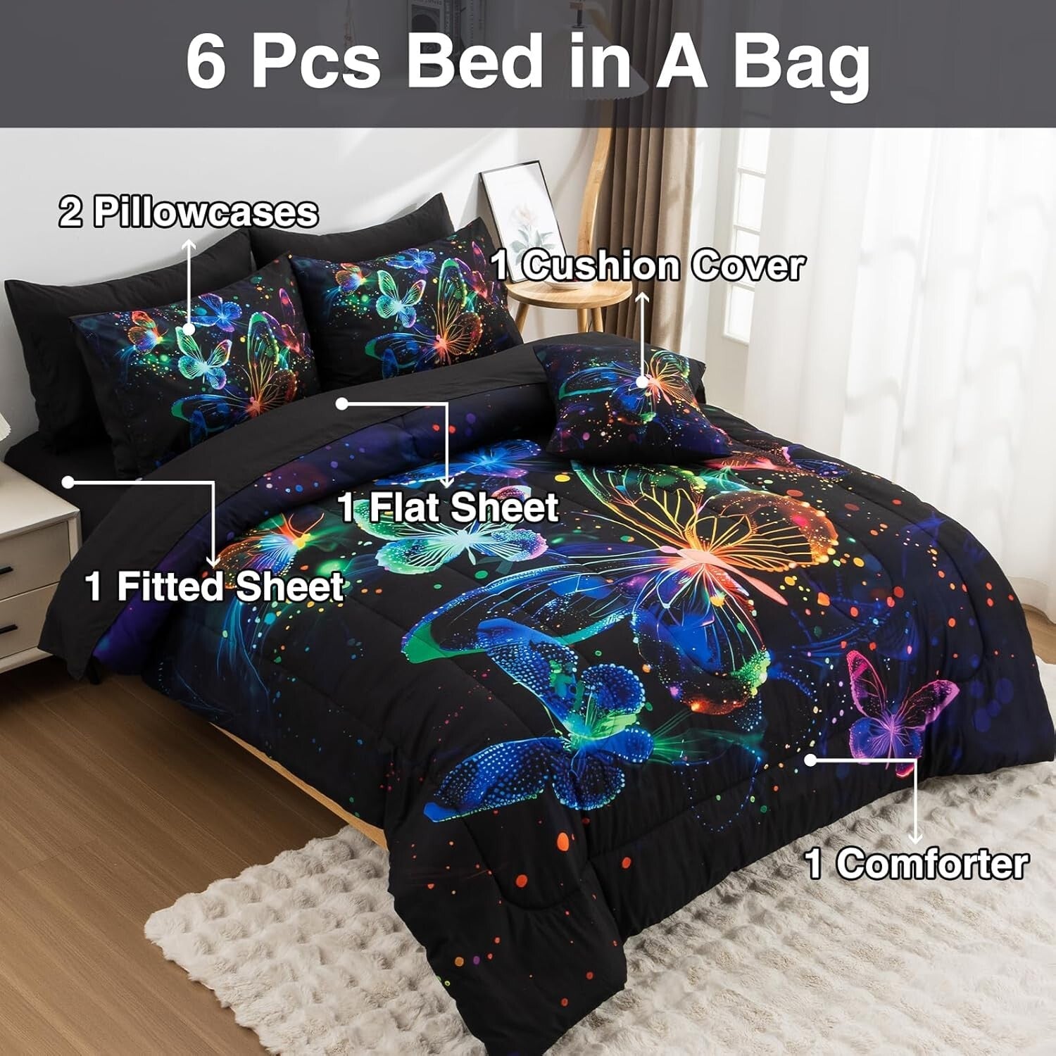 Galaxy-Themed Butterfly Printed Bedding Set - Full Comforter & Pillows Included