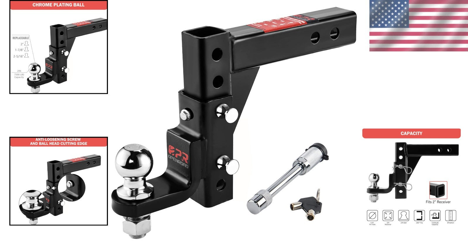 Adjustable Heavy Duty Trailer Hitch Ball Mount - 7500lbs Capacity, Fits 2-Inch