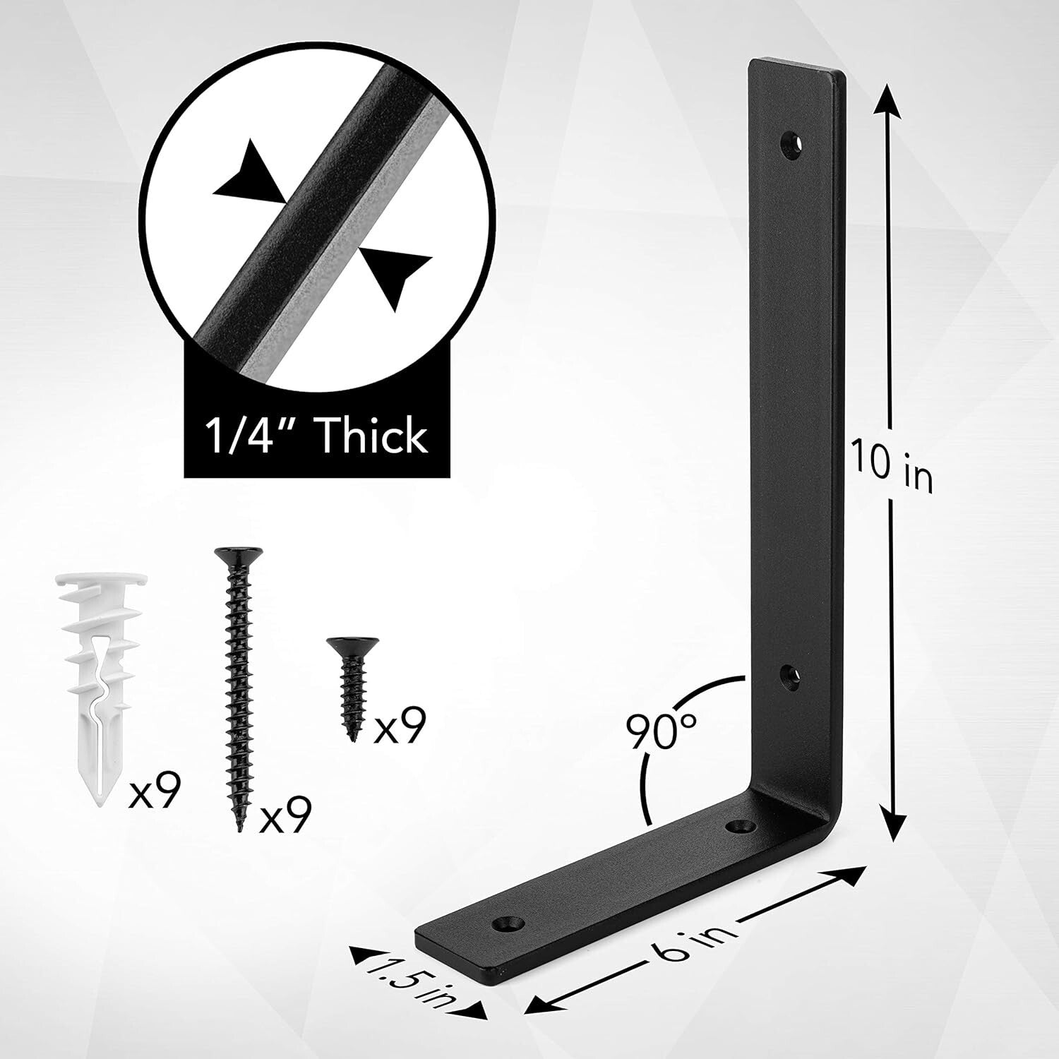 10" x 6" Matte Black Iron Shelf Brackets - 4-Pack for Industrial Style Shelving