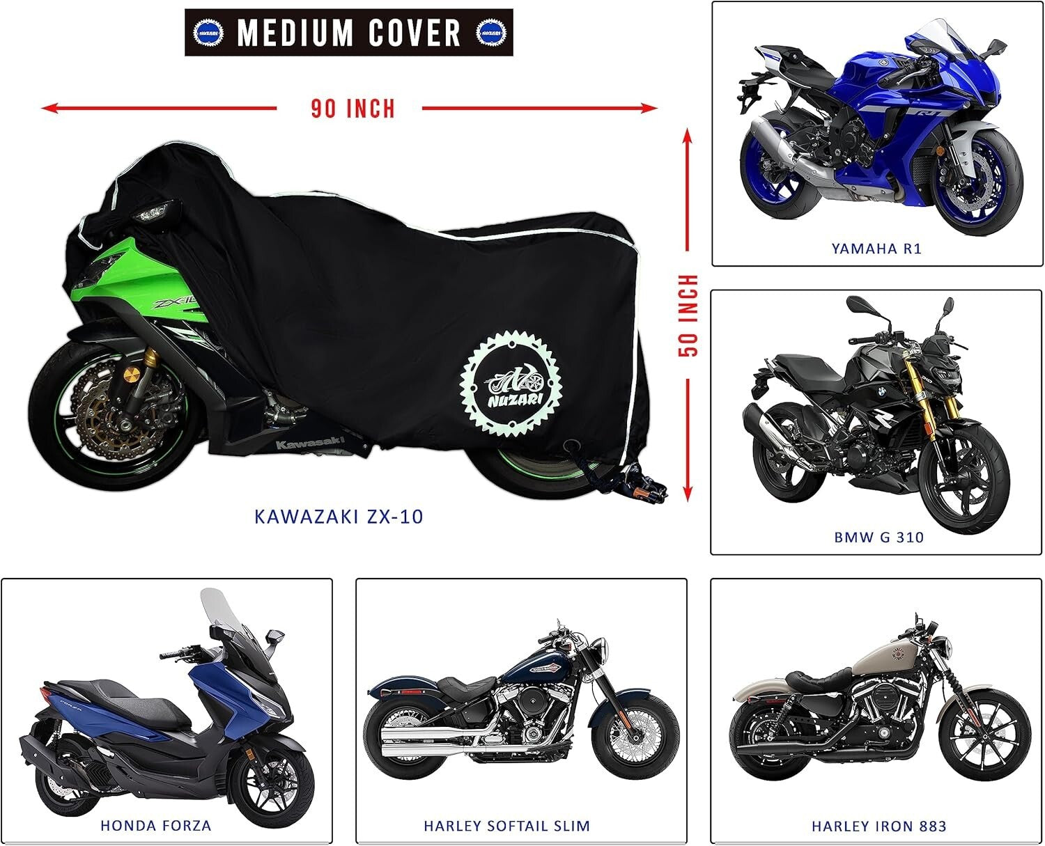 All-Weather Motorcycle Cover - Heavy-Duty, Waterproof Fit for Bikes up to 90in