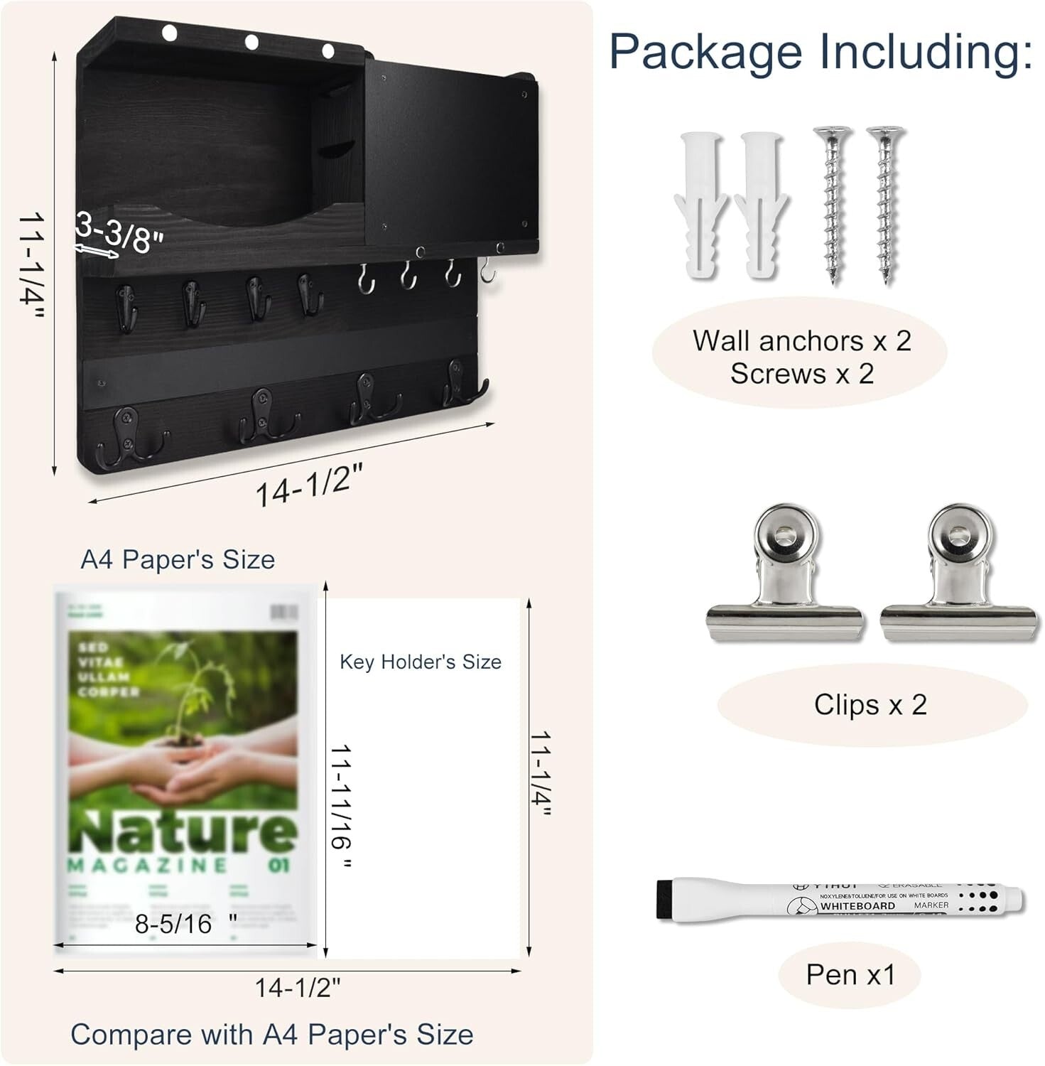 Antique Finish Key and Mail Holder with Chalkboard and Rustic Shelf Design