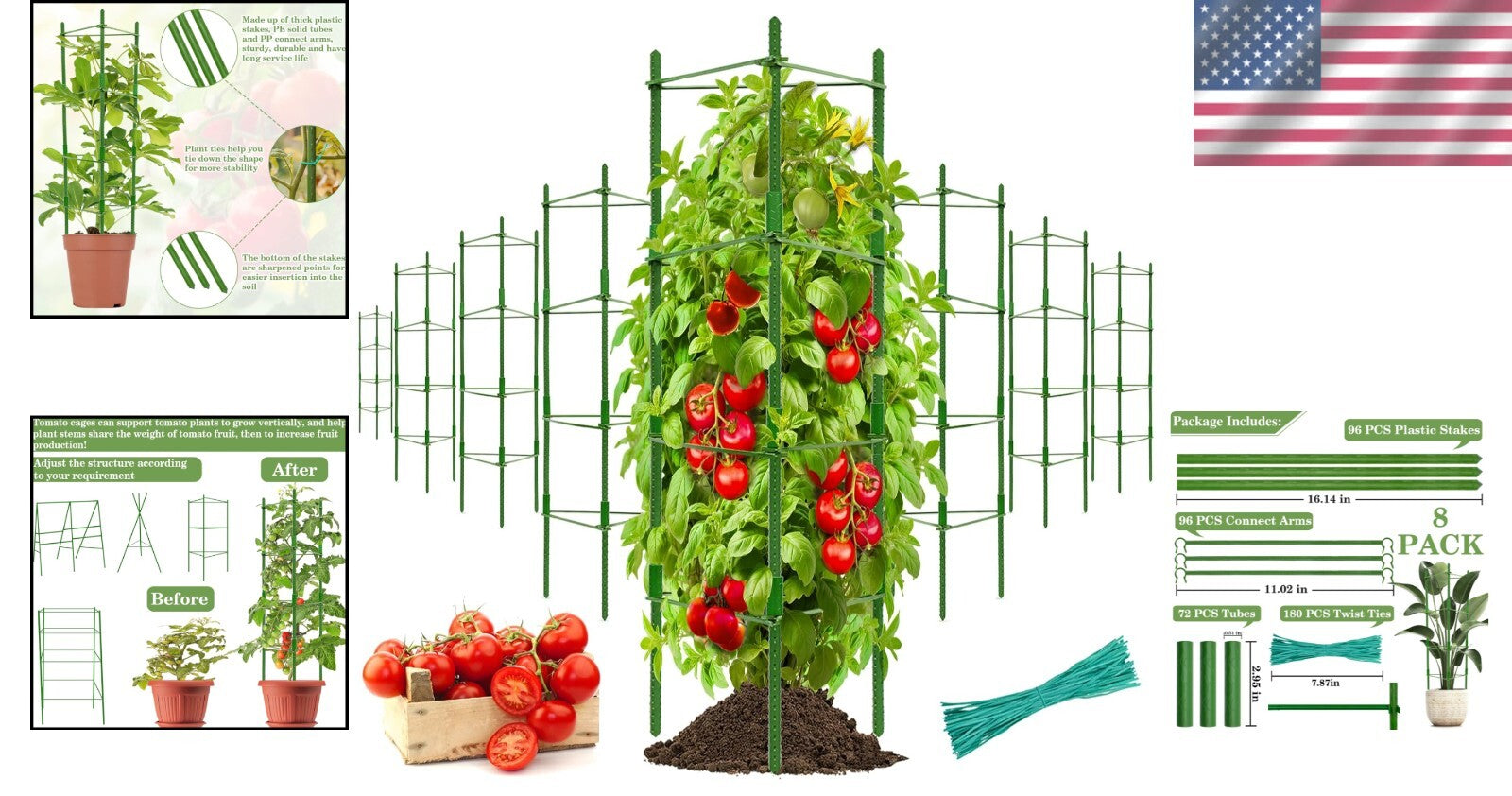 Premium 8-Piece Triangular Tomato Cages - Adjustable & Sturdy Plant Support