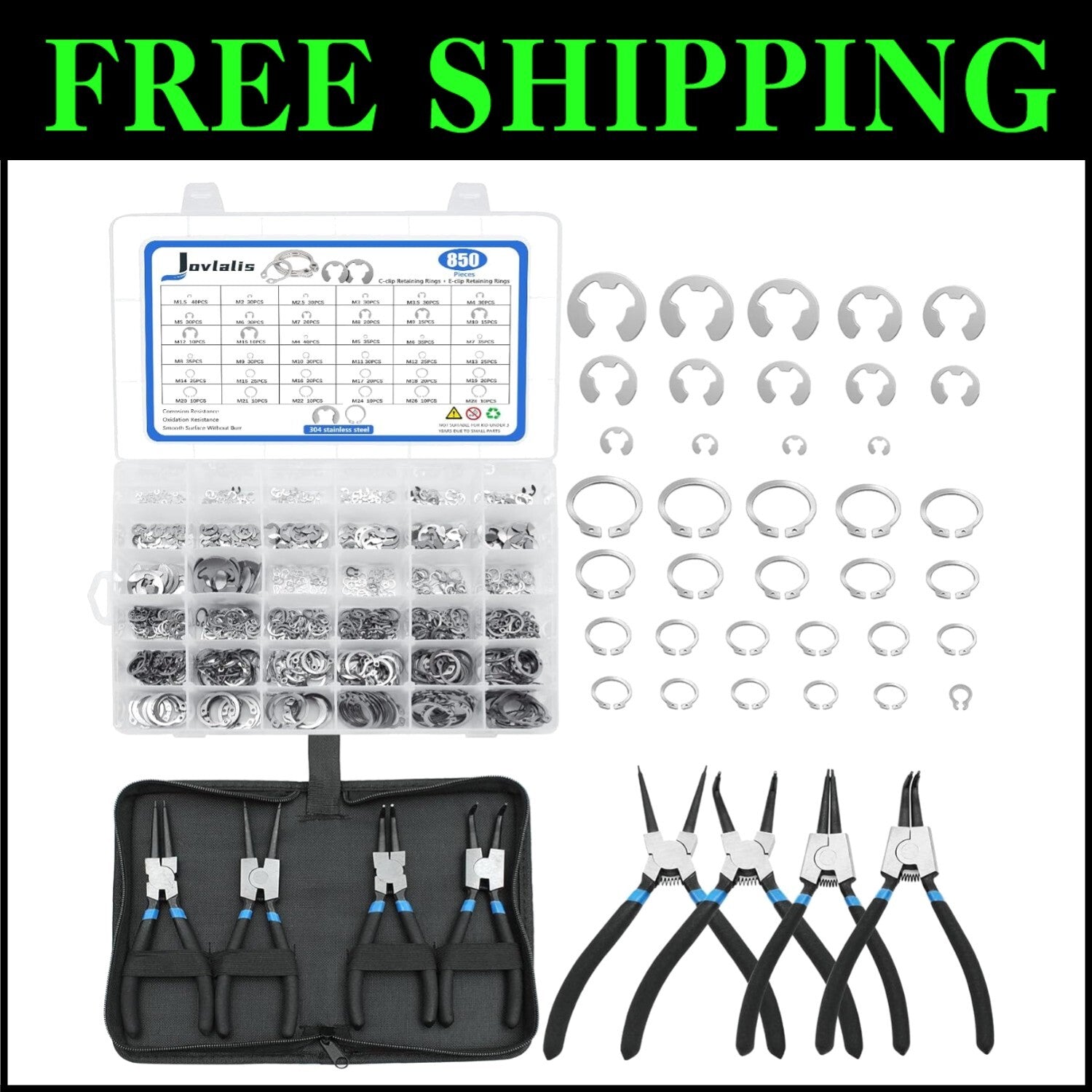 C-Clip and E-Clip Assortment Kit - 850Pcs Stainless Steel Snap Rings with Pliers