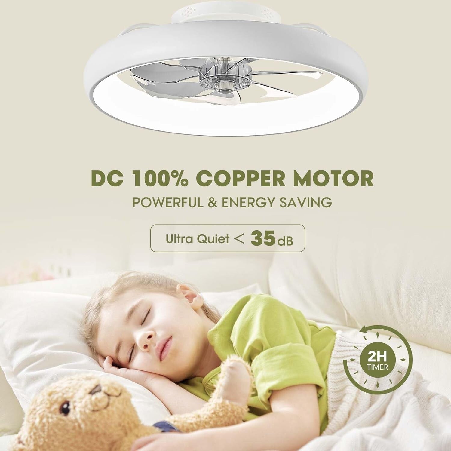 20" Modern Flush Mount Ceiling Fan with LED Lights - Voice Control & 6 Speeds
