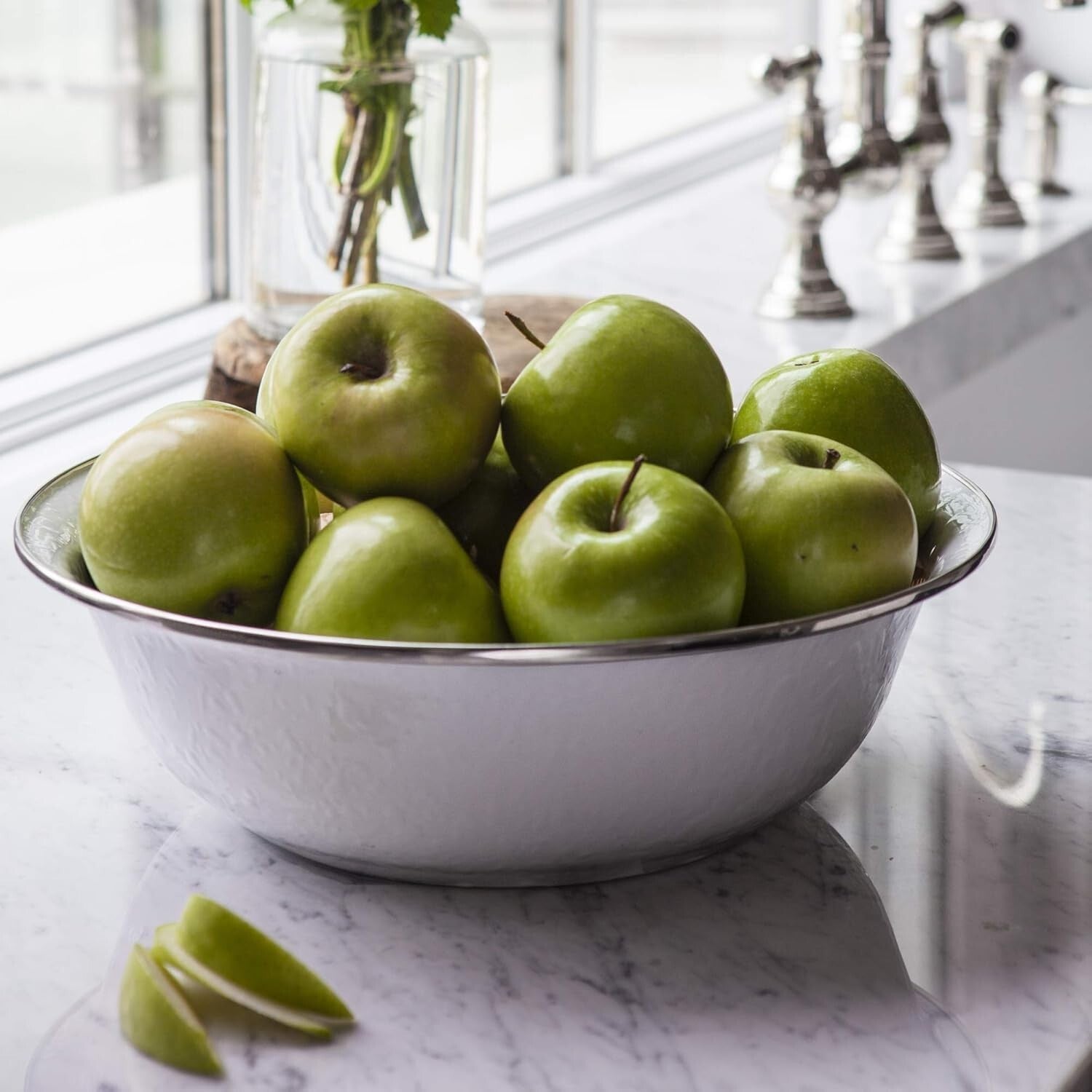 Elegant 4Qt Enamelware Serving Bowl - Solid White with Stainless Steel Rim