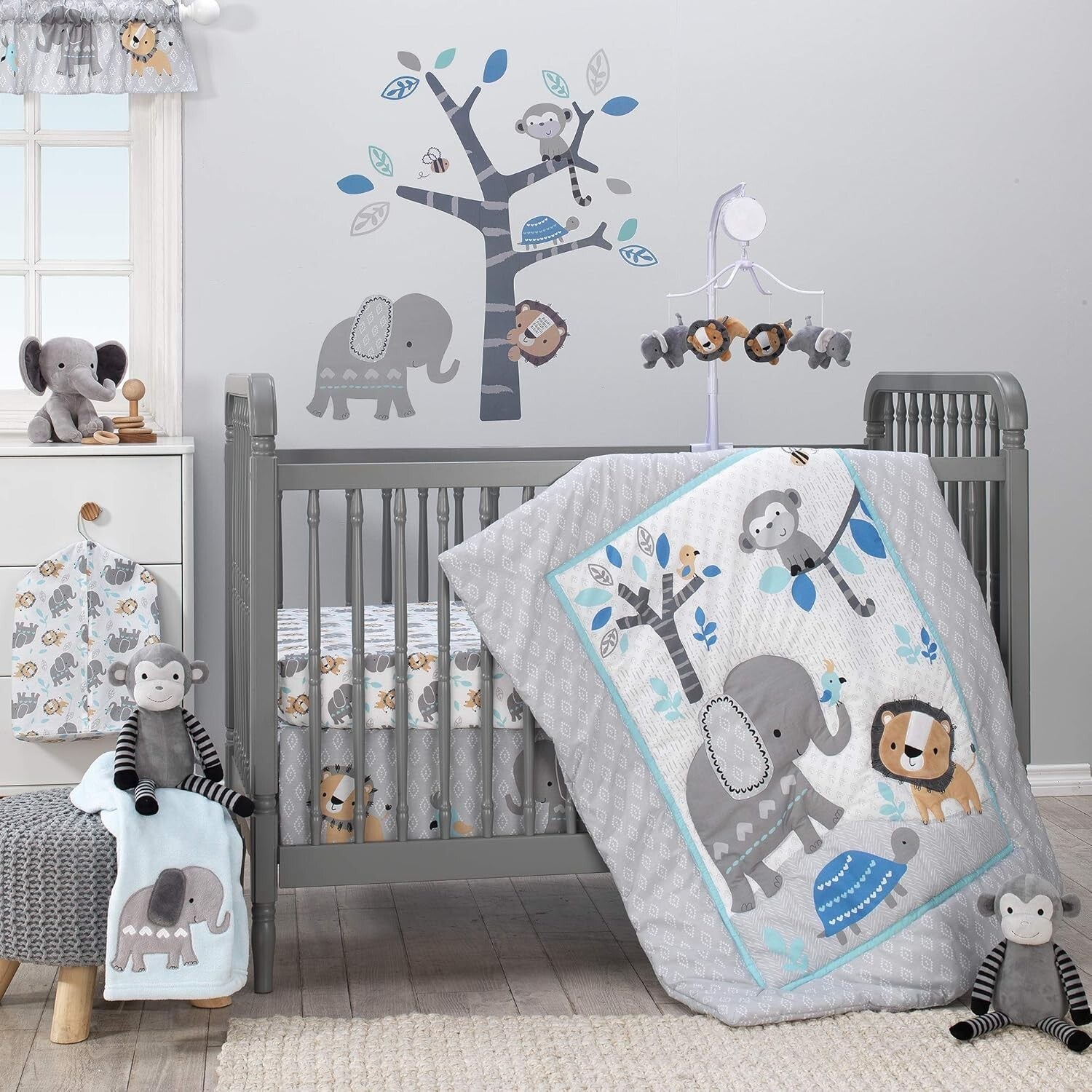 Blue and Gray 3-Piece Crib Bedding Set - Modern Jungle Adventure Theme