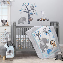 Load image into Gallery viewer, Blue and Gray 3-Piece Crib Bedding Set - Modern Jungle Adventure Theme