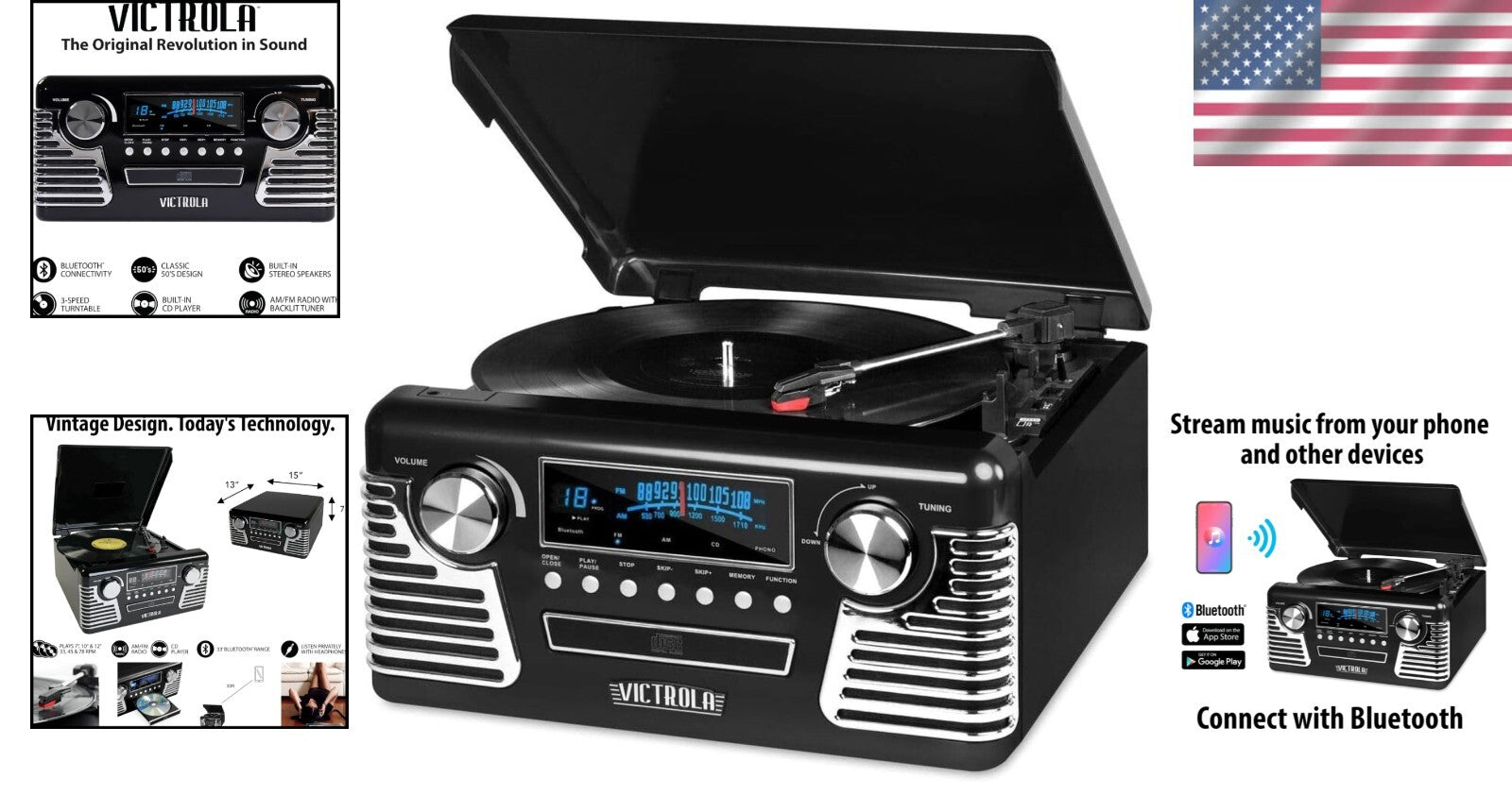 All-in-One Bluetooth Retro Turntable with CD Player & Built-In Speakers