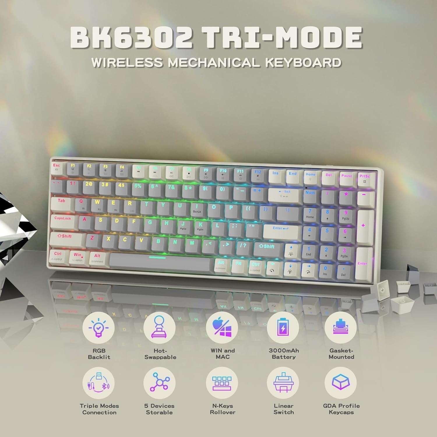 Ergonomic Hot-Swappable Wireless Gaming Keyboard - 3000mAh Battery, Rainbow LED
