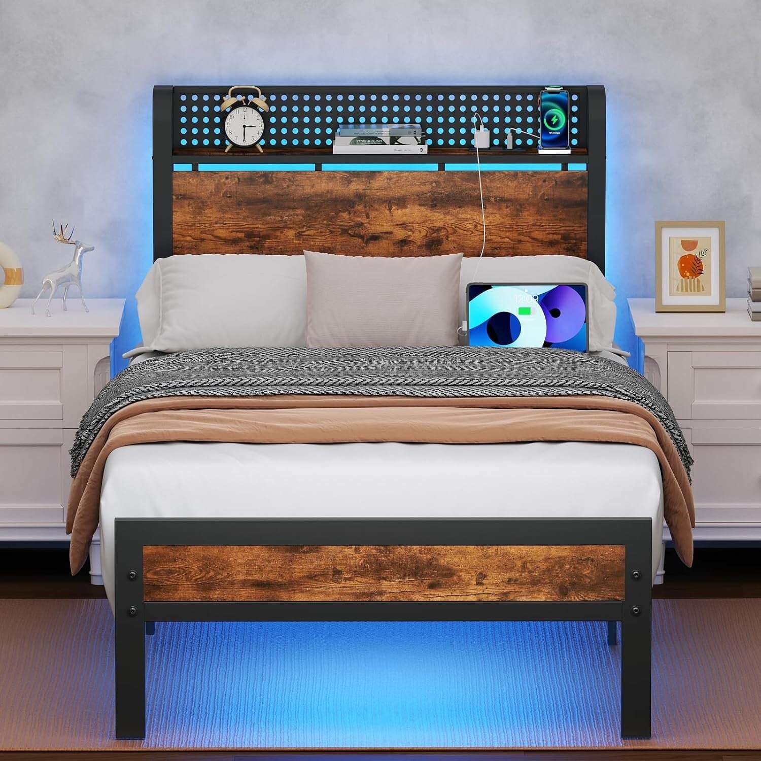 Functional Twin Bed Frame with LED Lights, Wood Headboard & Under-Bed Storage