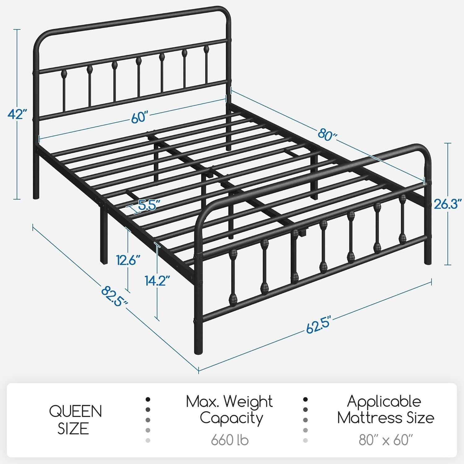 Traditional Black Iron Bed Frame with High Headboard & Quick Assembly - Queen