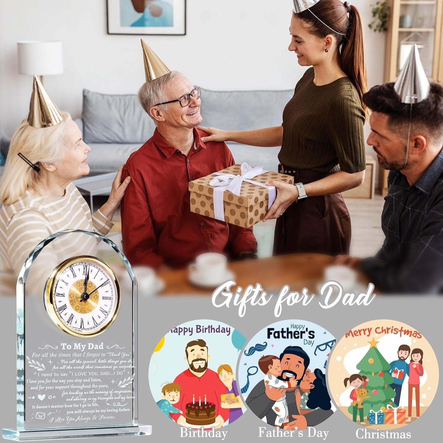 Elegant Quartz Clock with Meaningful Quote - Framed Glass Gift for Fathers