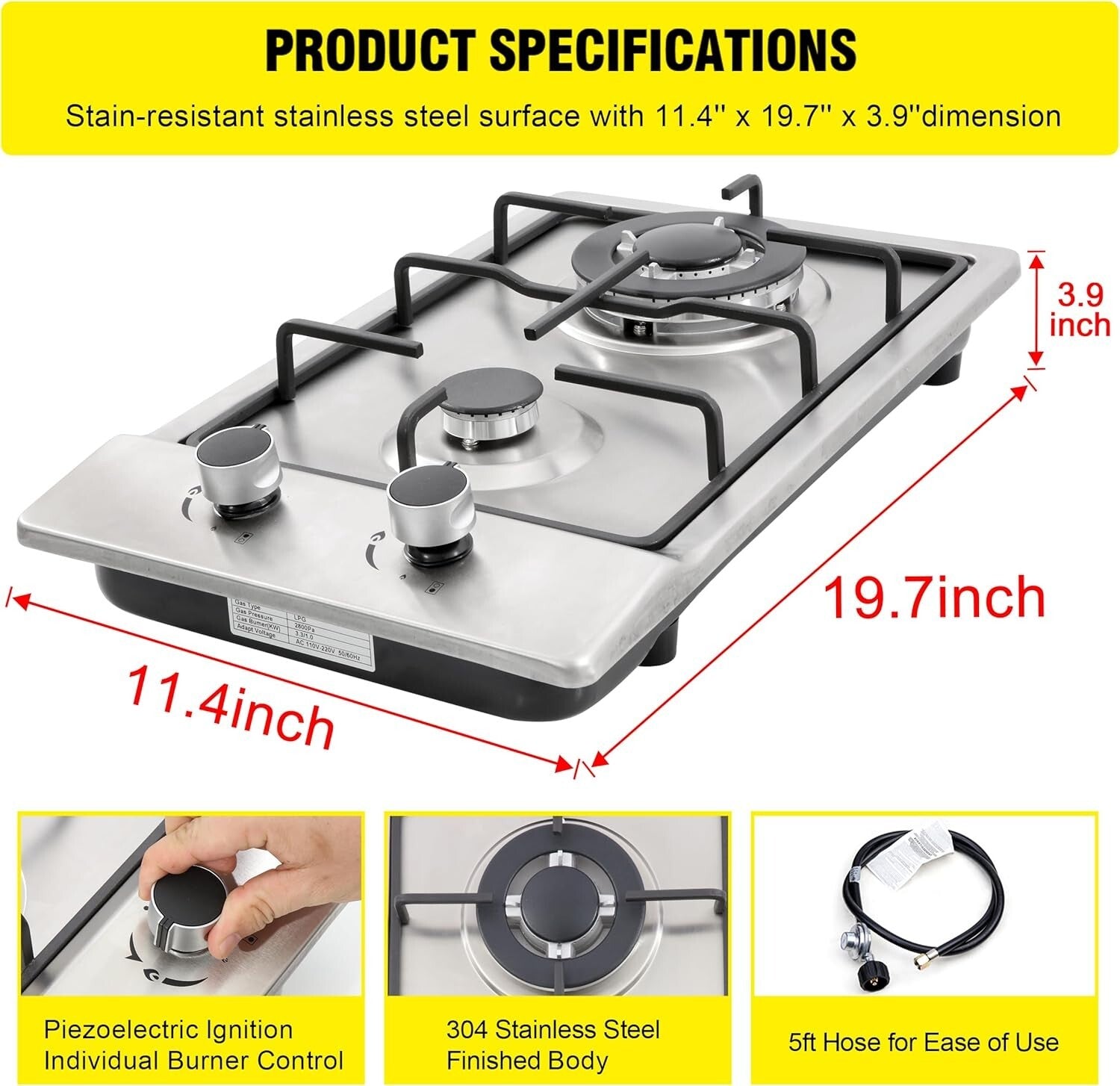 Stylish 12" Gas Cooktop - 2 Burner Drop-In Stove for Modern Kitchens & BBQ Areas
