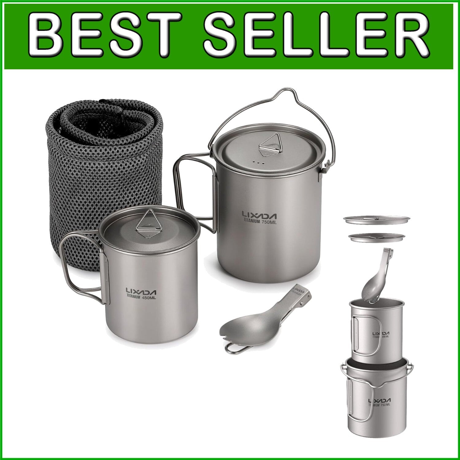 Durable Titanium Camping Cookware with 450ml Coffee Mug & Collapsible Spork