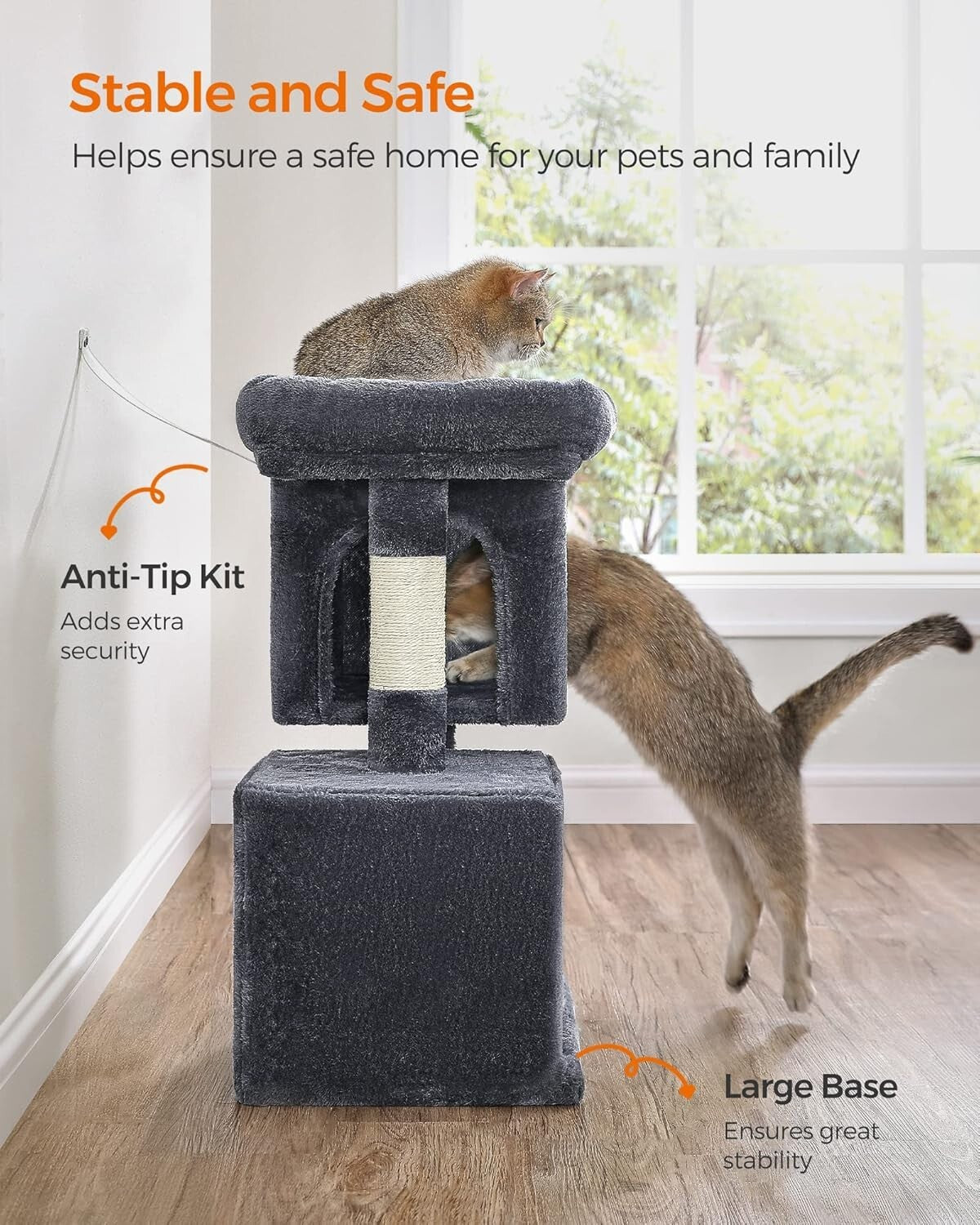 Smoky Gray 26.4-Inch Cat Tree with 2 Caves and Large Perch - Ideal for Kittens