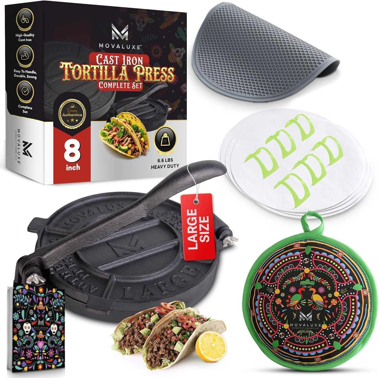 Elegant 8-Inch Tortilla Press Gift Set with Warmer, Holders & Cooking Essentials
