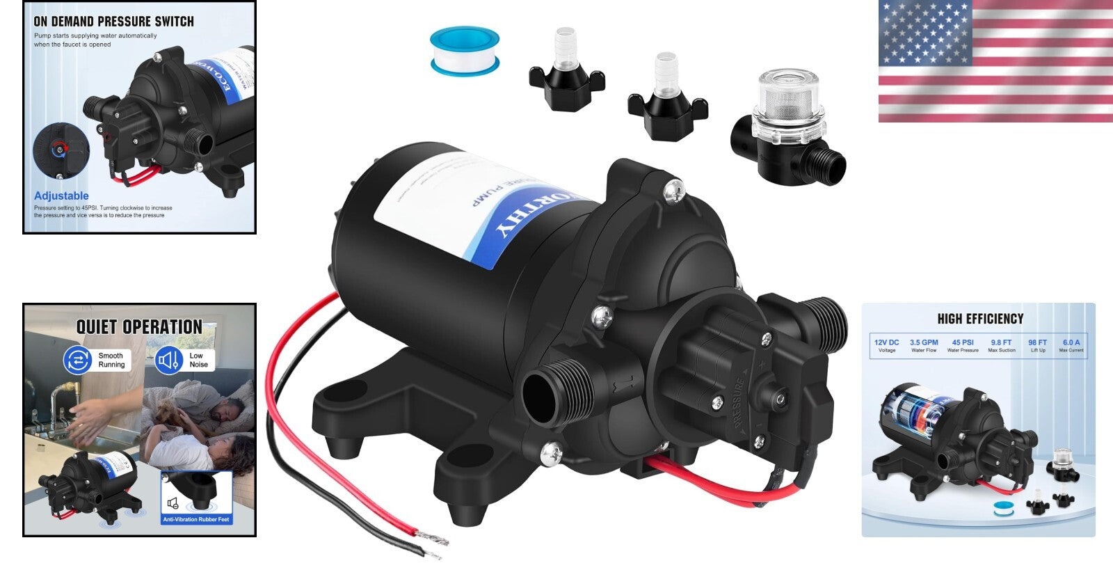 Compact 12V Water Pump with 45PSI Pressure Switch - Ideal for RVs & Campers