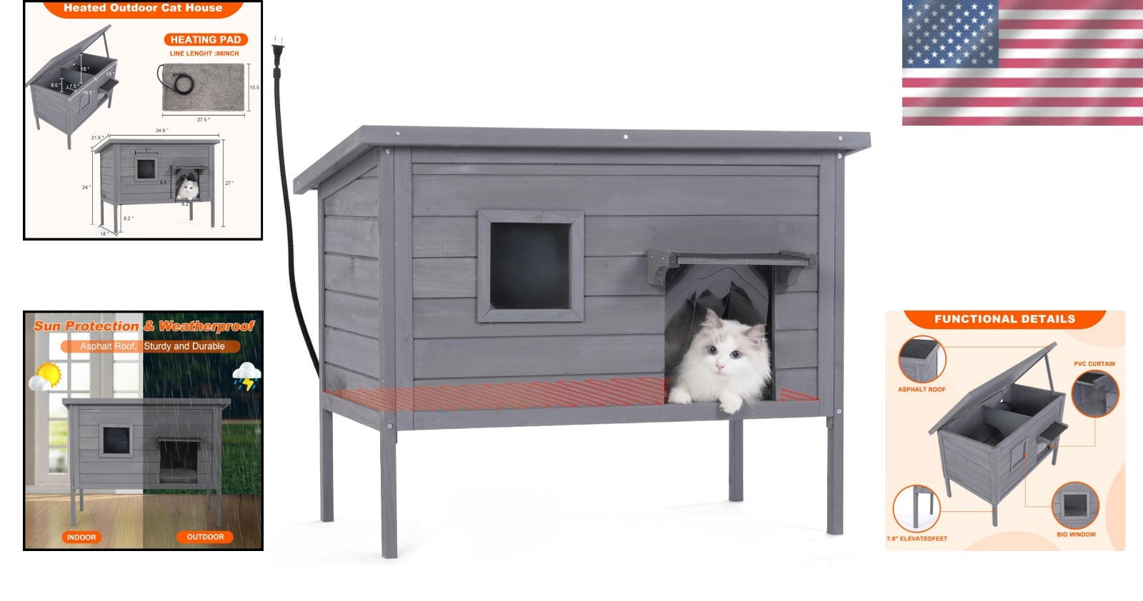 Heated Cat House - Cozy Shelter for Indoor & Outdoor Cats in Grey, Large