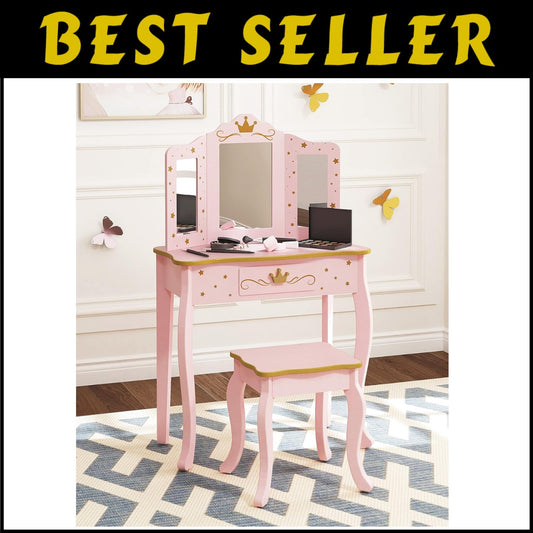 Elegant Kids Vanity Set with Pink Mirror and Stool - Perfect for Little Girls