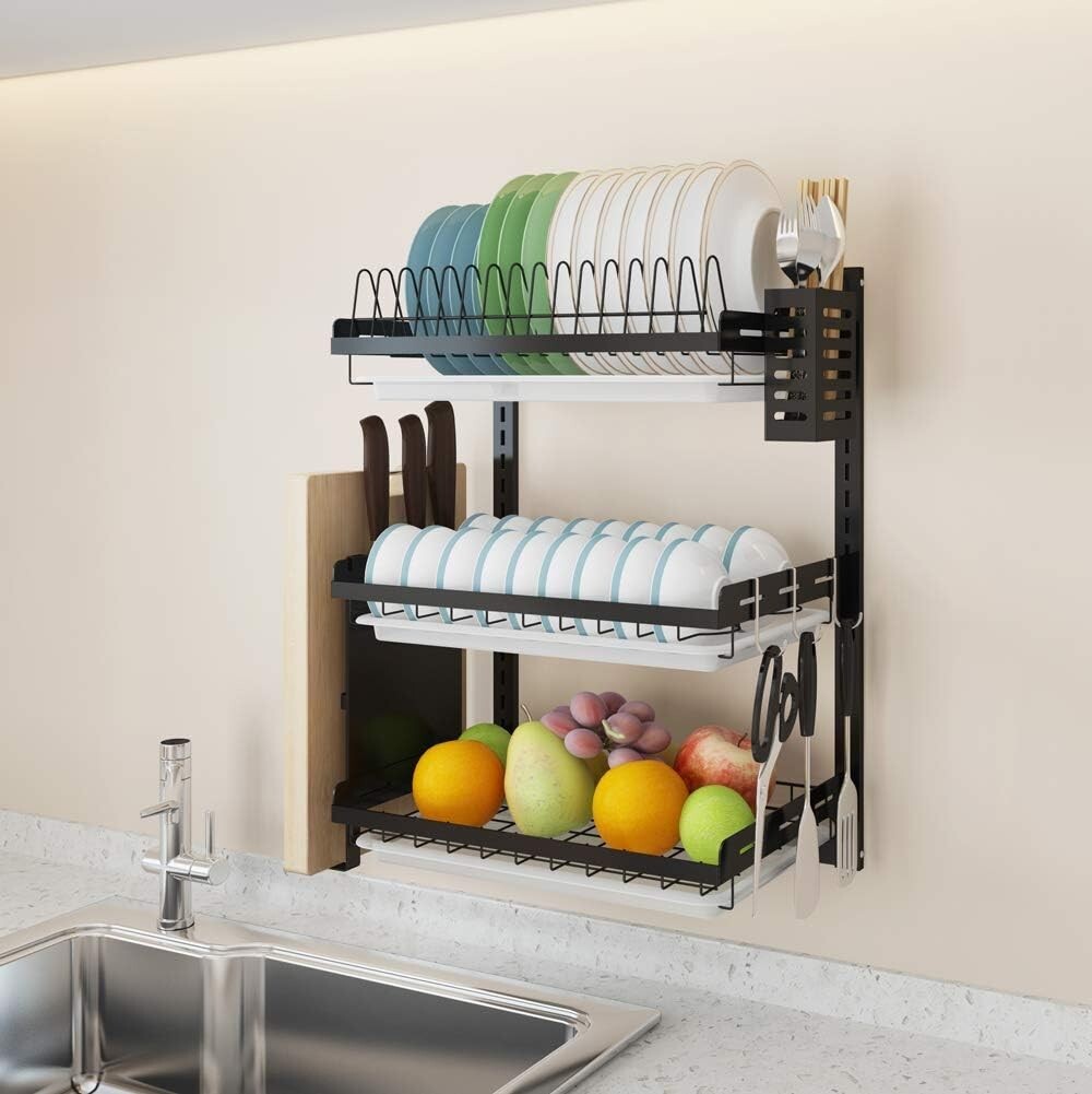 3-Tier Black Stainless Steel Dish Rack with Utensil Holder - Space-Saving Design