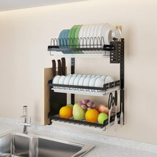 Load image into Gallery viewer, 3-Tier Black Stainless Steel Dish Rack with Utensil Holder - Space-Saving Design