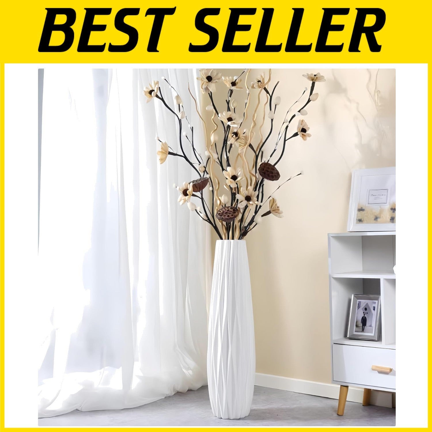 Durable 24-Inch White Ceramic Vase with Floral Pattern - Modern Home Centerpiece