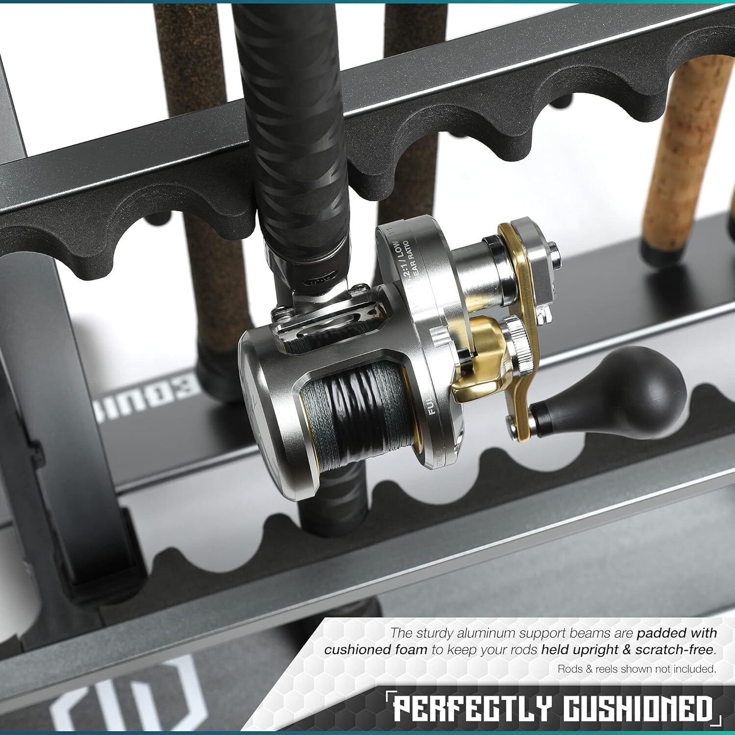 Lightweight Aluminum Fishing Rod Rack - 24 Slot Organizer for Garage Storage