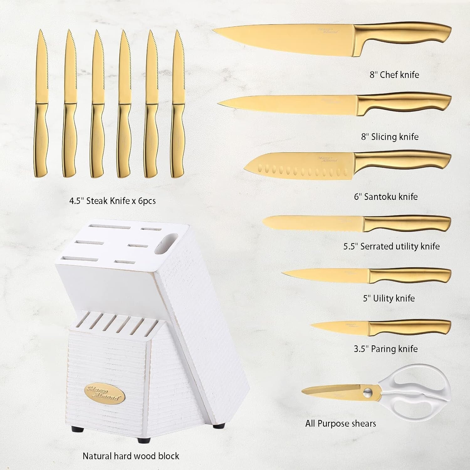Elegant Gold Knife Set - 14-Piece Titanium Coated Stainless Steel with Block