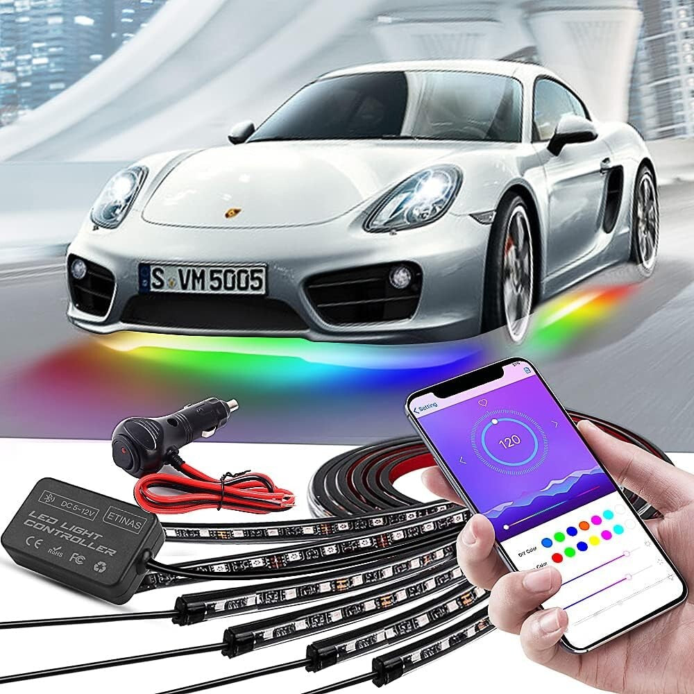 Bluetooth Car Underglow Lights Kit - 6 Waterproof LED Strip Lights for All Cars