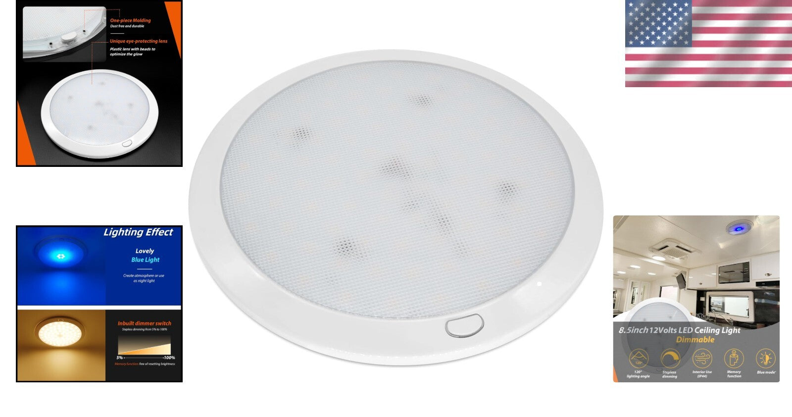 8.5'' Low Profile Ceiling Light with Dimmable Blue & White - Ideal for Boats