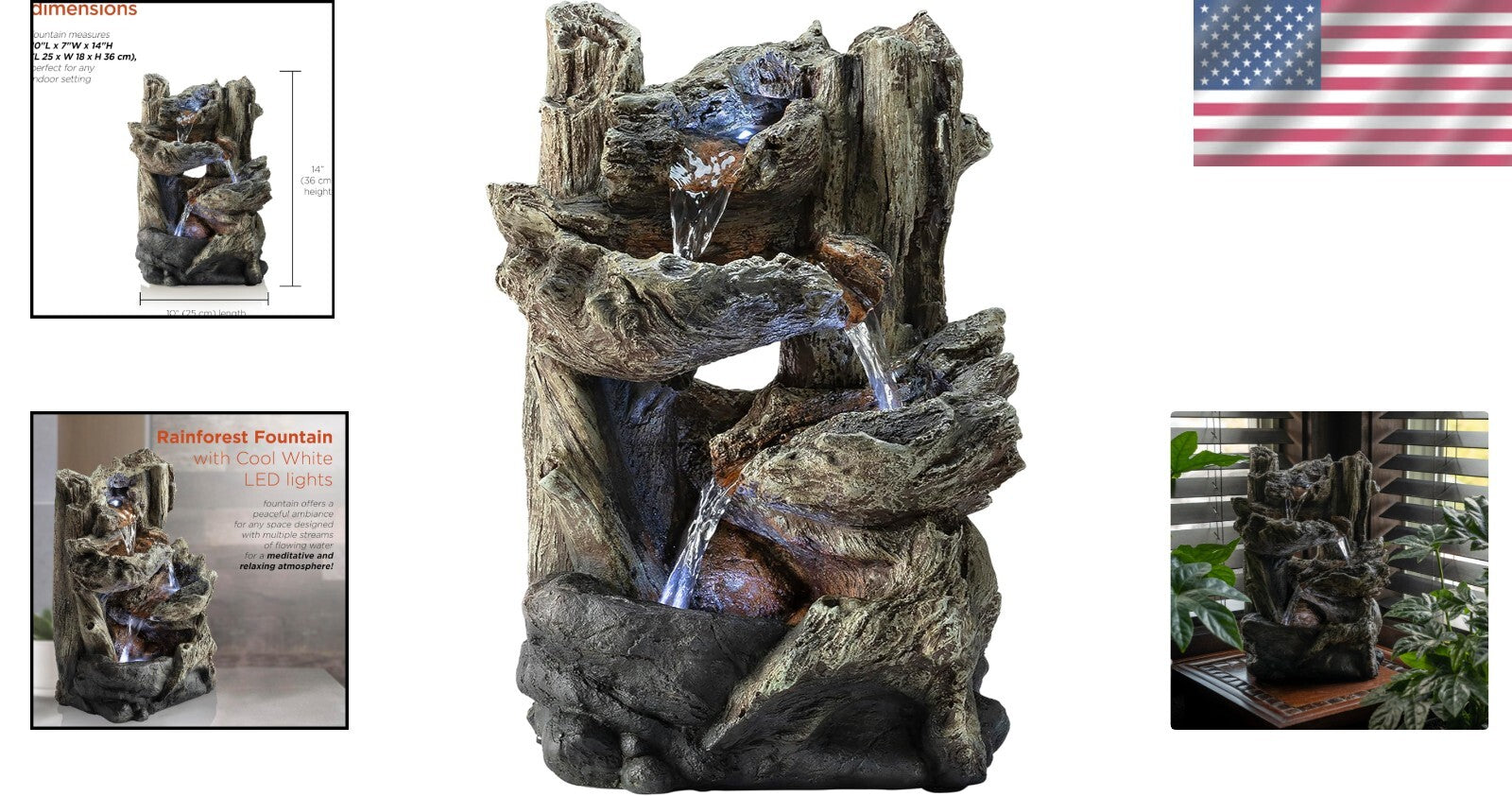 Compact 14" Tall Log Fountain with Cascading Water & LED for Indoor Serenity