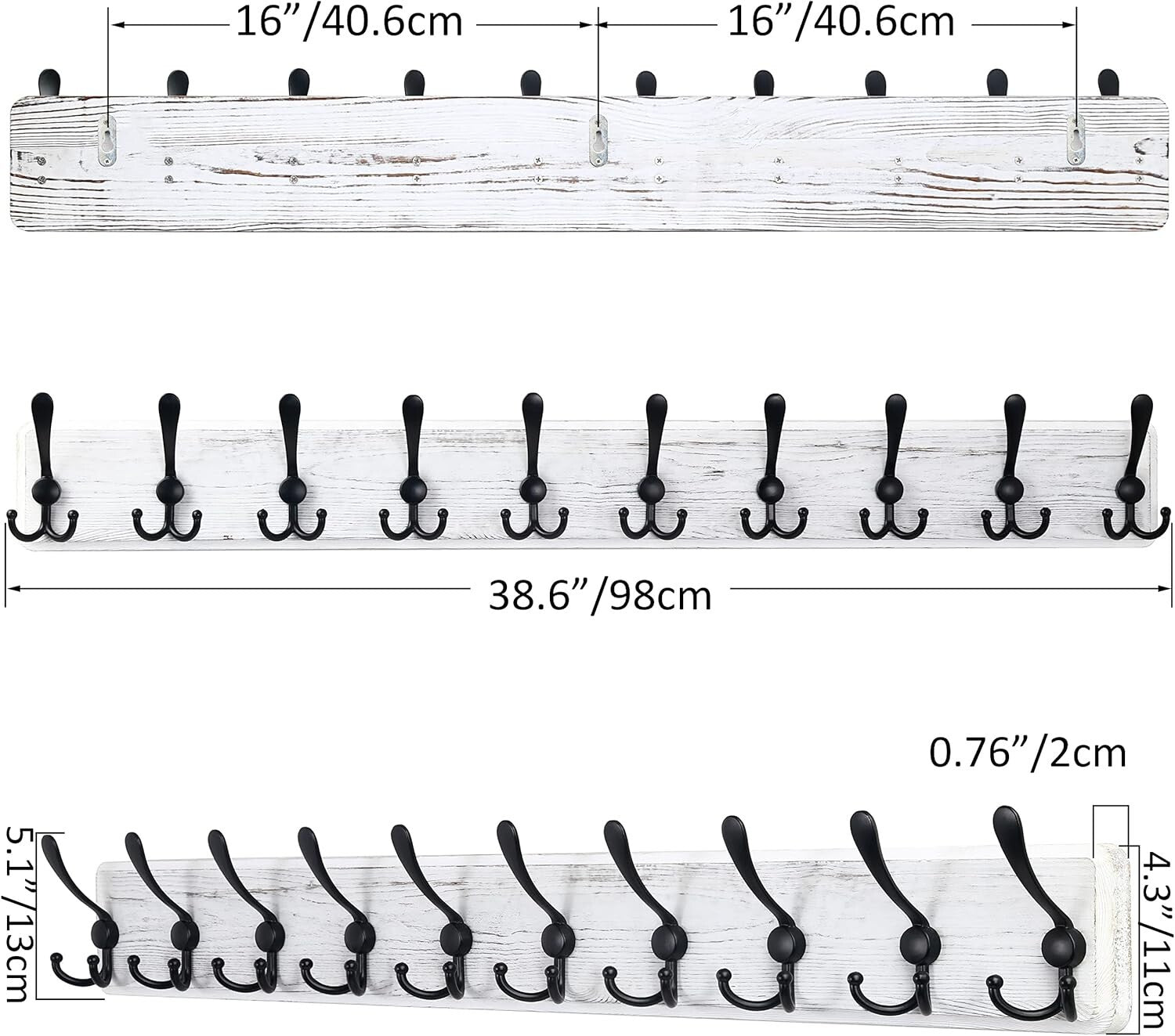 38.3'' Rustic Wall Mounted Coat Rack with 10 Heavy-Duty Hooks in Weathered White