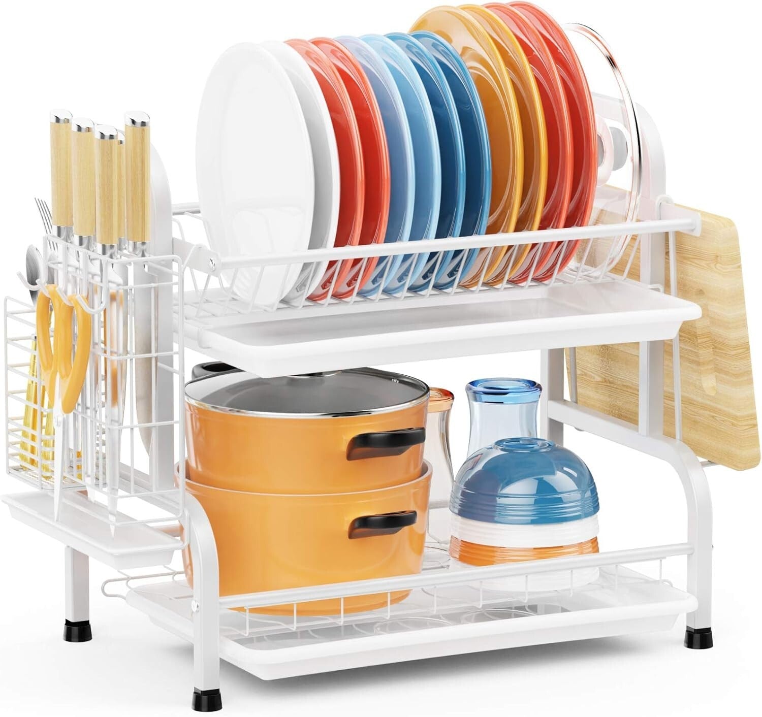 Durable Stainless Steel Dish Drying Rack - 2 Tiers with Utensil & Knife Storage
