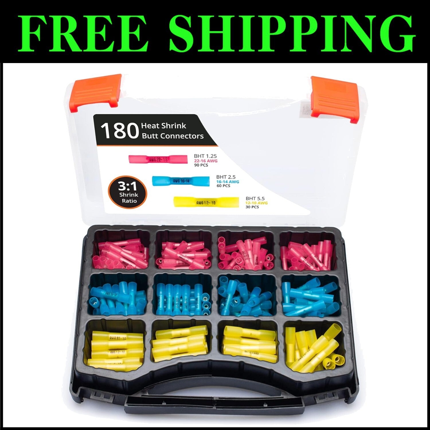 180 PCS Assorted Heat Shrink Wire Splice Connectors - Marine and Automotive Use