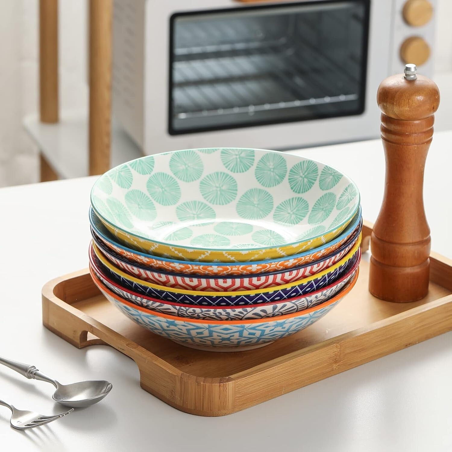 Durable Colorful 9-Inch Pasta & Salad Bowls - Set of 6, Oven & Microwave Safe