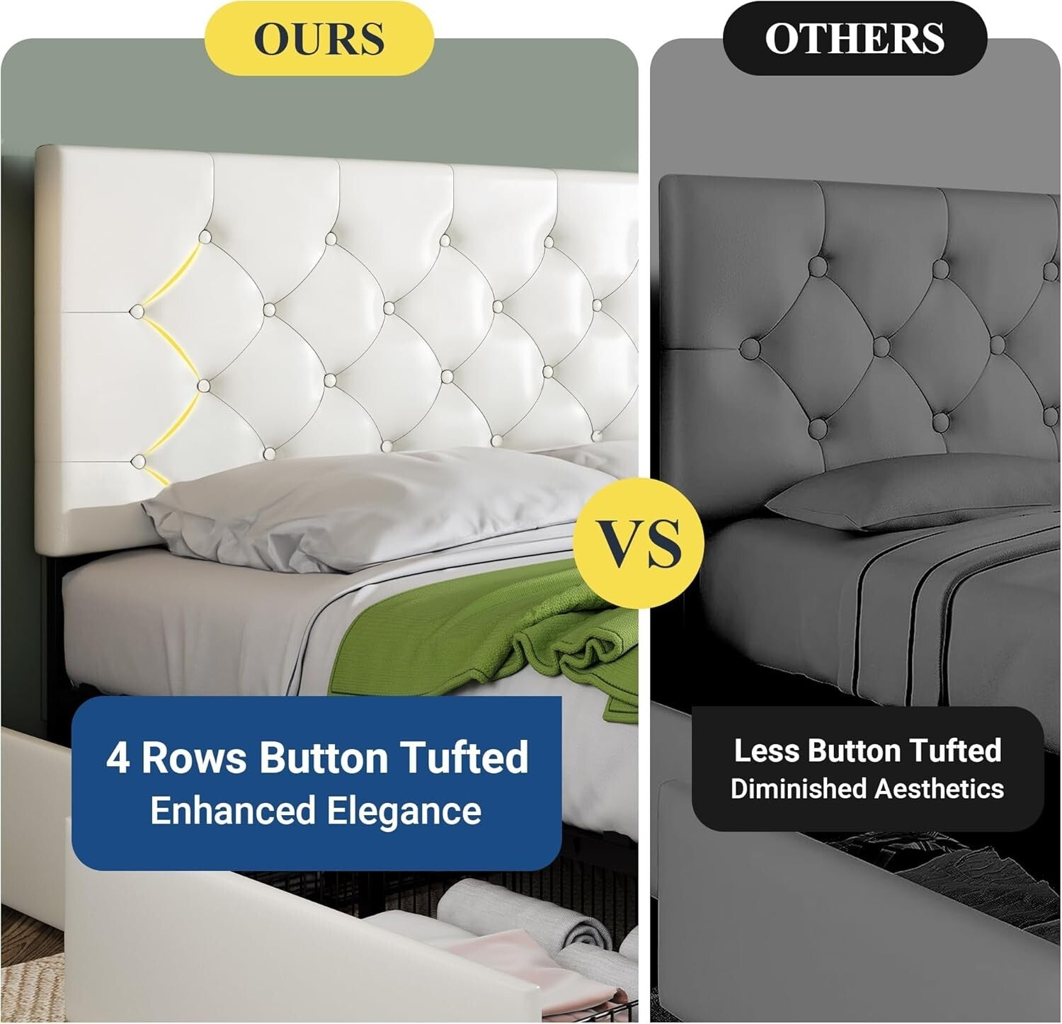 Elegant Full Size Upholstered Platform Bed with Storage Drawers - No Box Spring