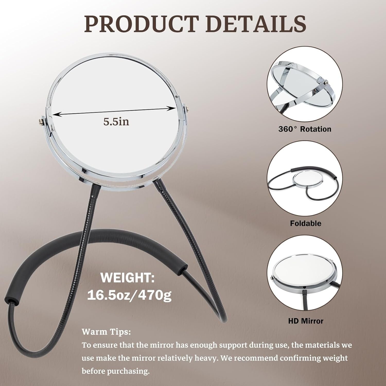 Durable Alloy Steel 6" Double Sided Makeup Mirror with Ergonomic Neck Design