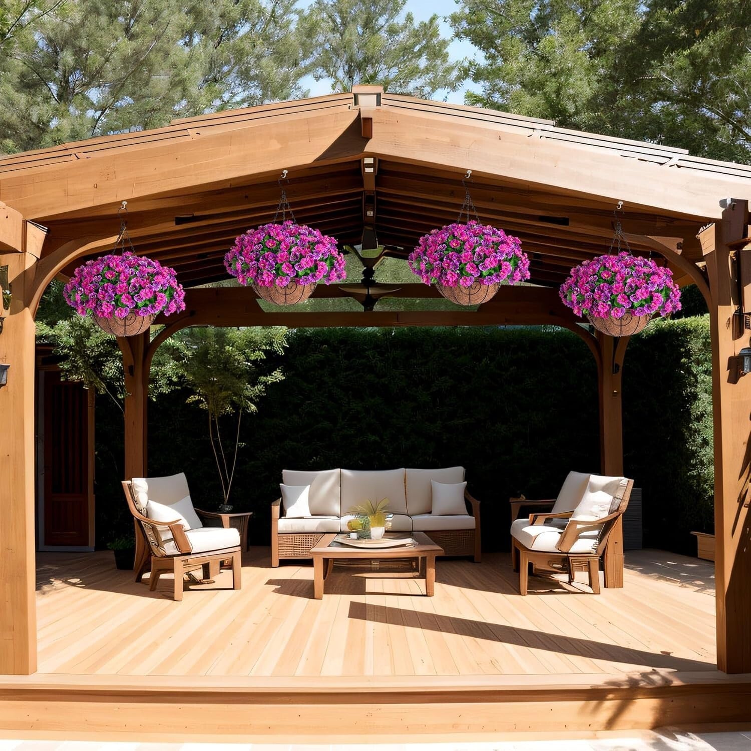 Elegant Faux Silk Petunias in Coconut Basket - Indoor/Outdoor Hanging Flowers