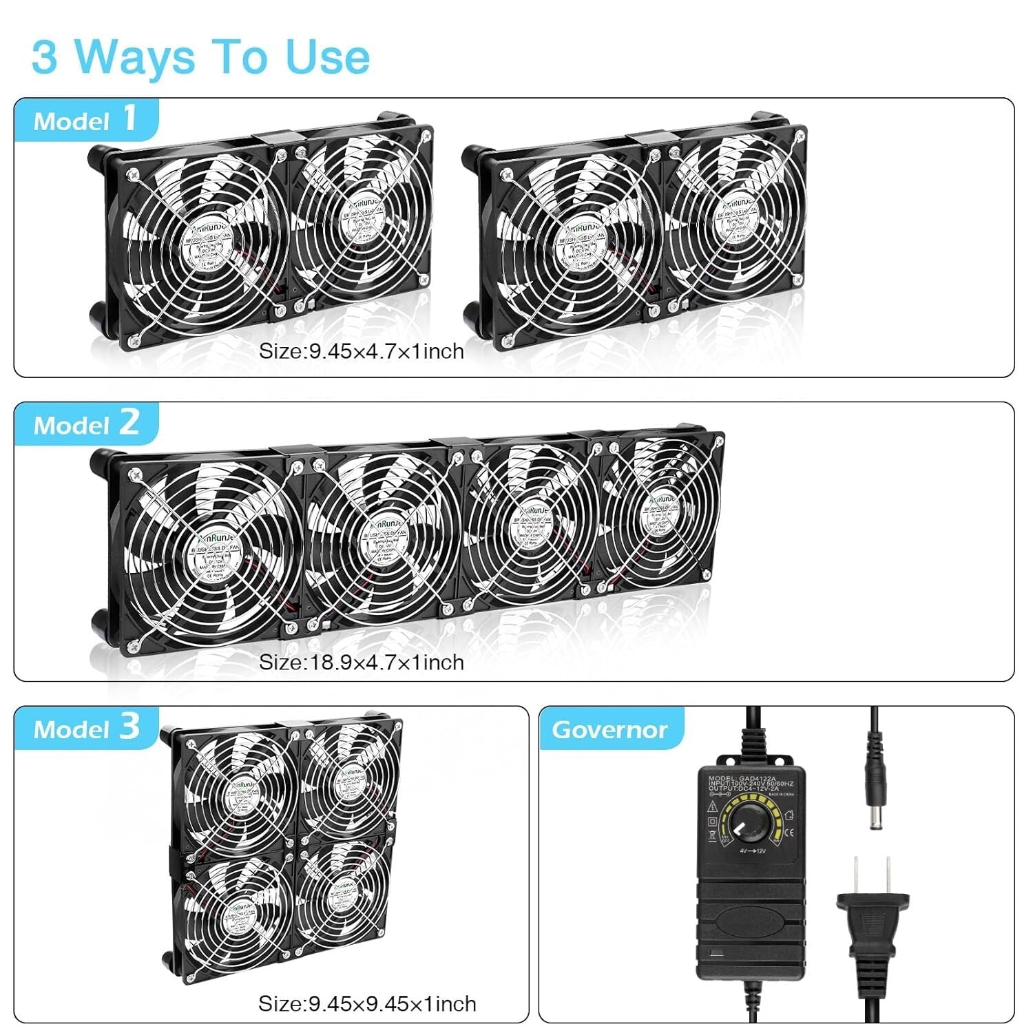 High Airflow 4X 120mm Cooling Fans for DIY Projects – Adjustable Speed 110V-240V