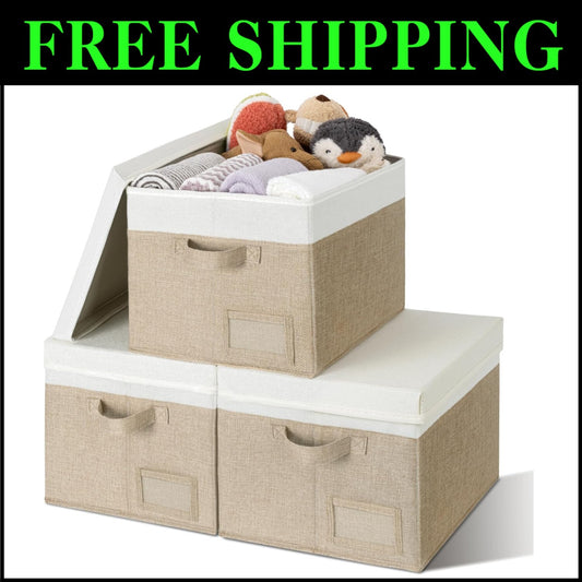Functional Jumbo Storage Bins with Lids - 3-Pack Khaki & Ivory Storage Solution