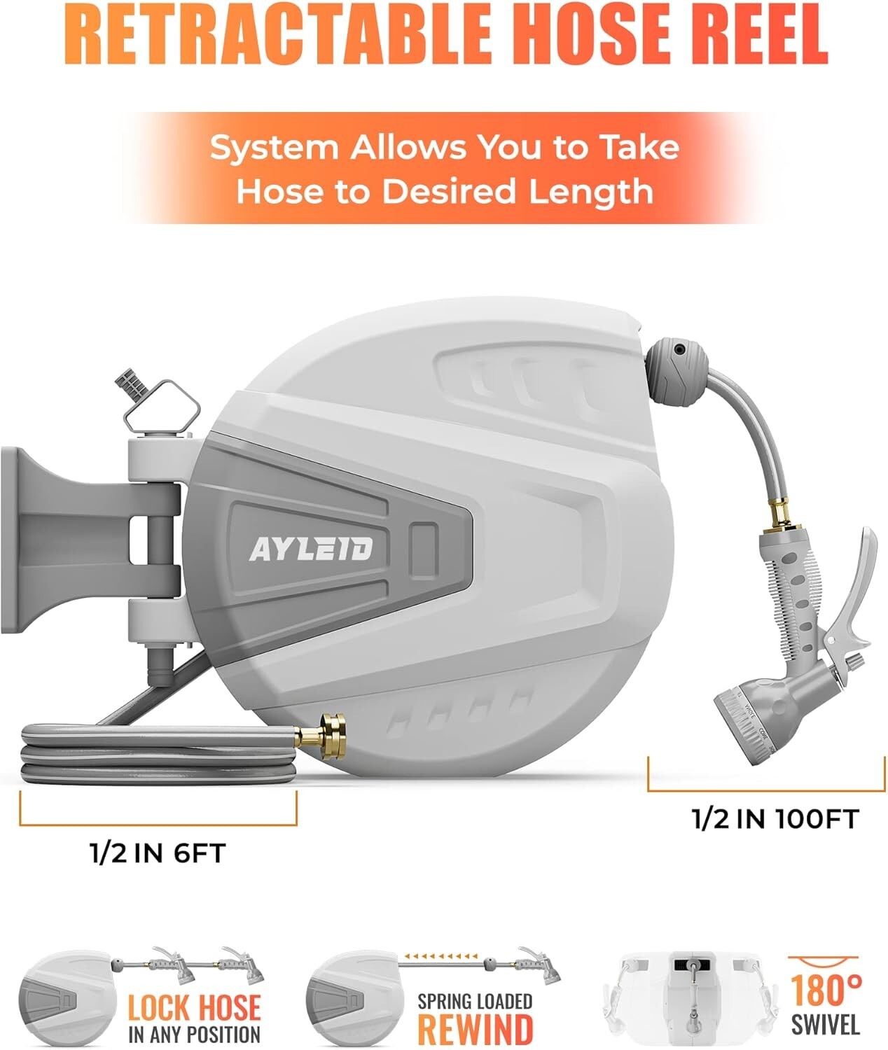 Retractable Wall-Mounted Hose Reel: 100ft with 9-Function Spray Nozzle