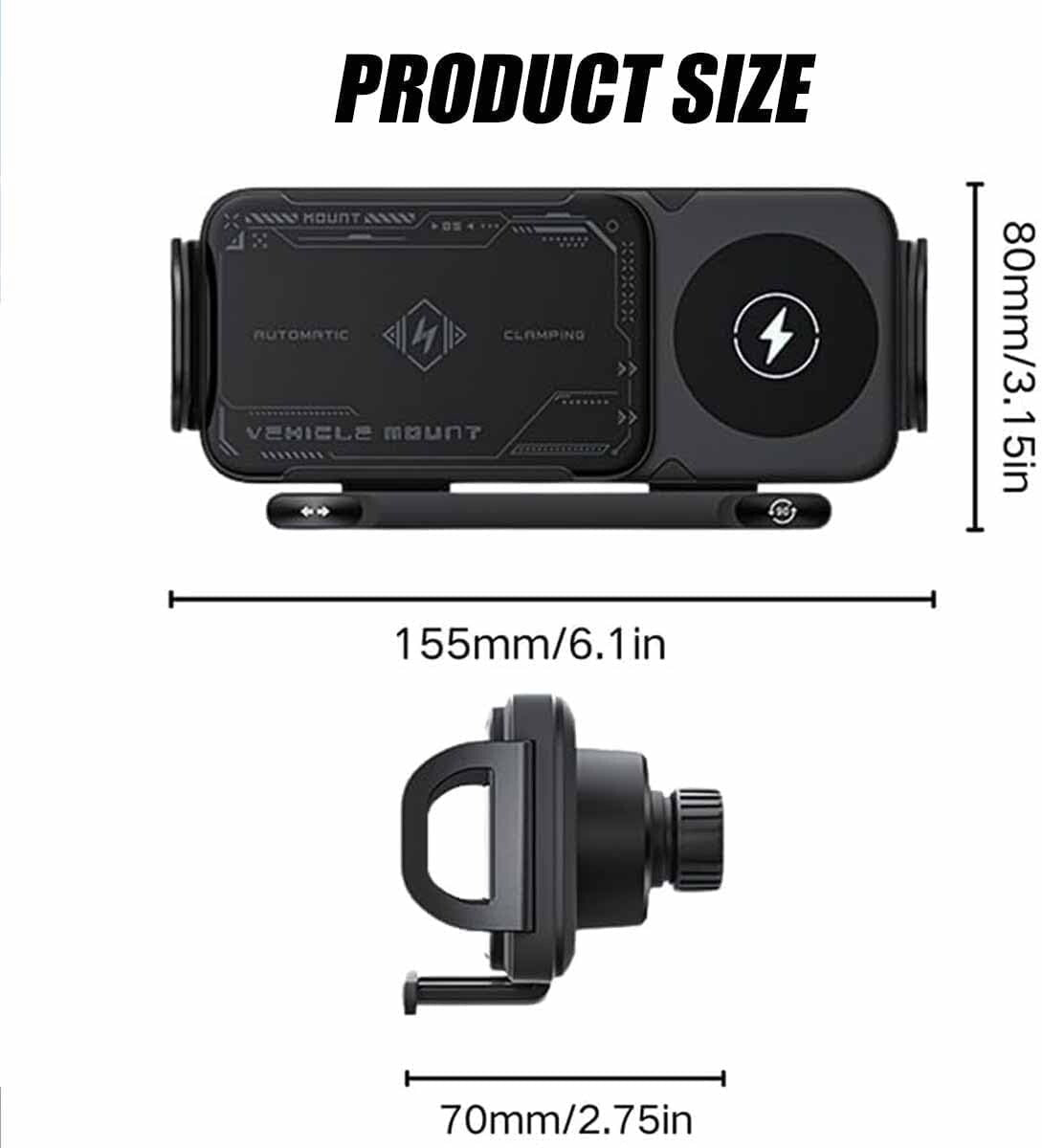 15W Wireless Car Charger and Auto Rotating Phone Holder - Magnetic Mount Black